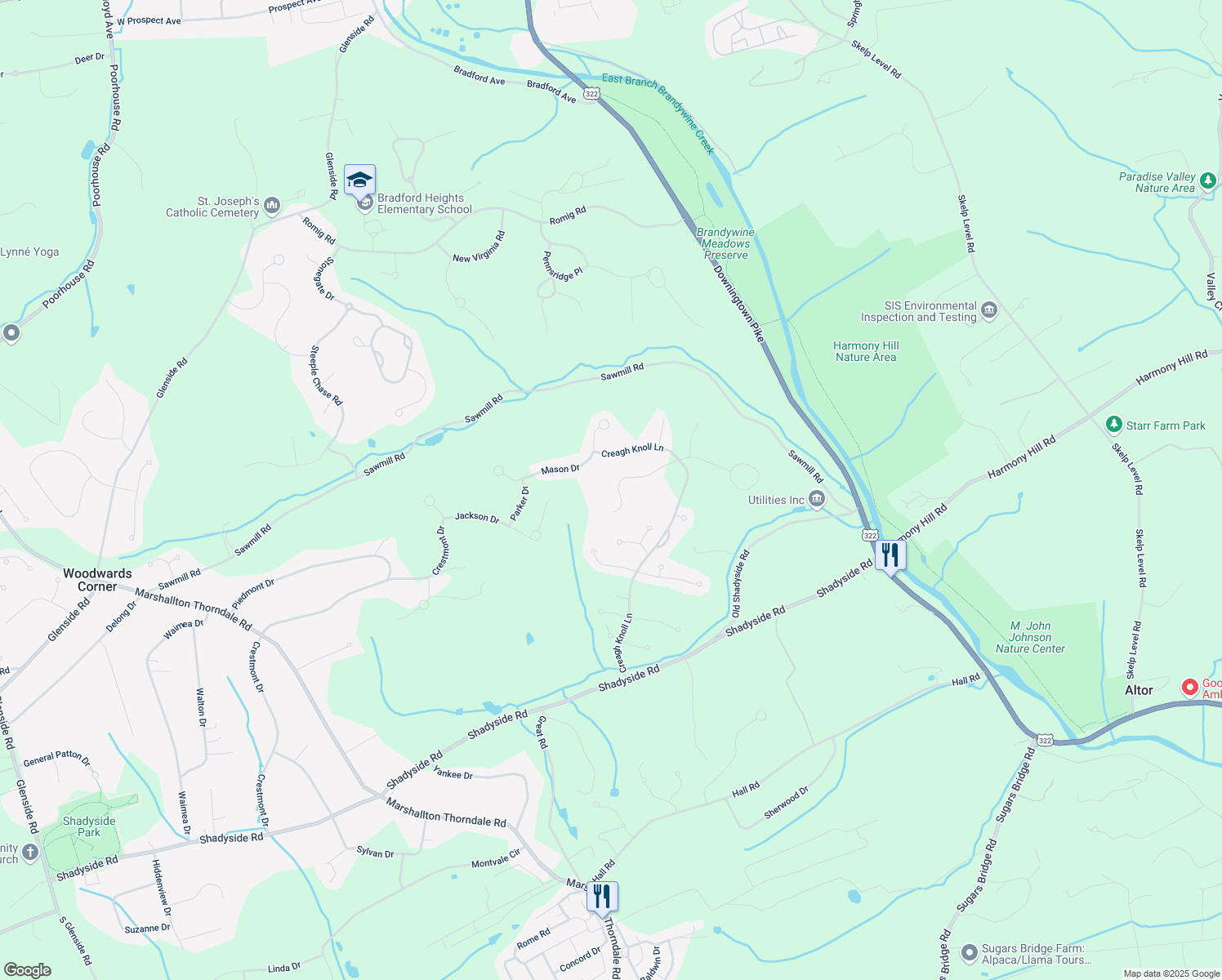 map of restaurants, bars, coffee shops, grocery stores, and more near 1525 Montana Drive in Downingtown