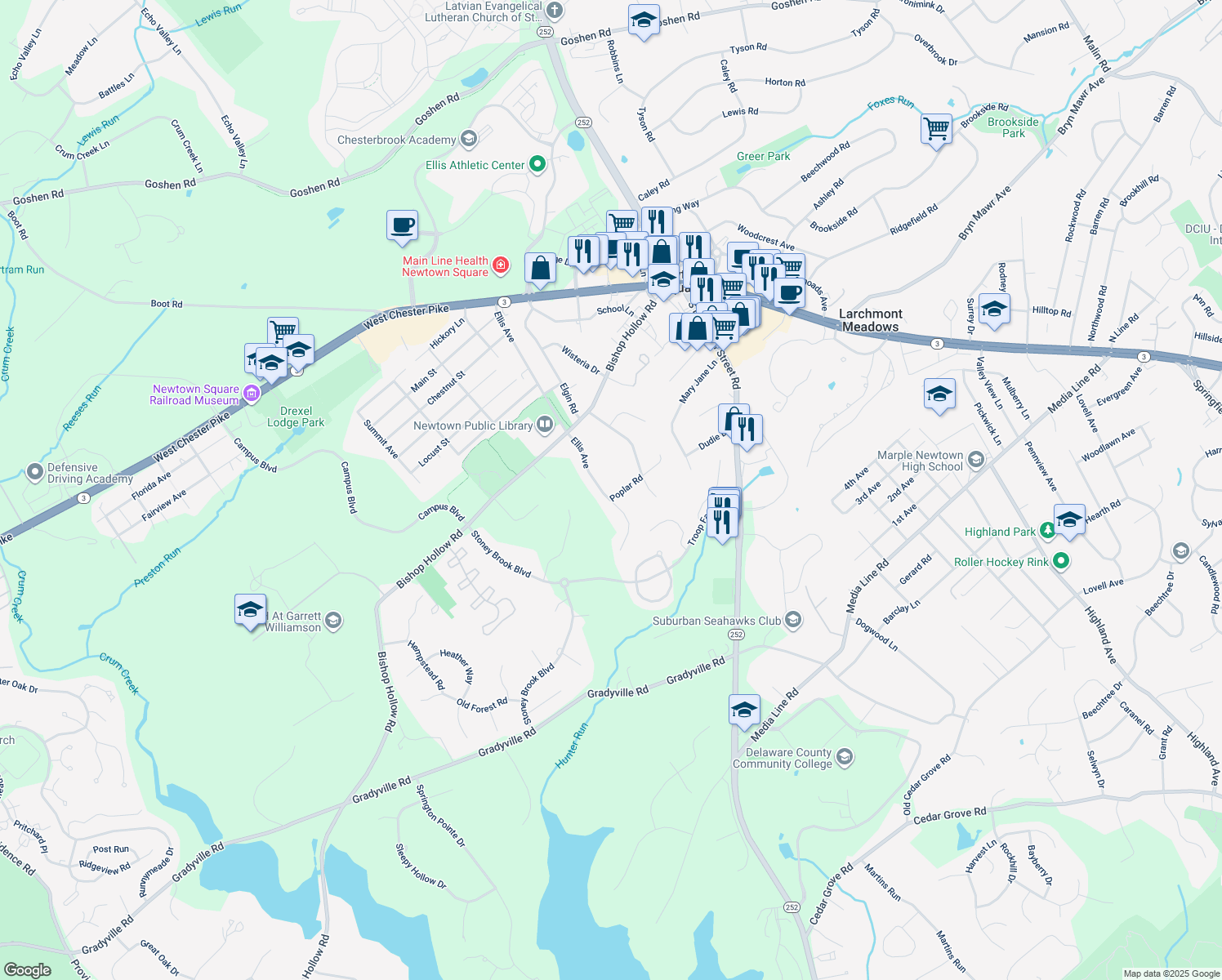 map of restaurants, bars, coffee shops, grocery stores, and more near 815 Ellis Avenue in Newtown Square