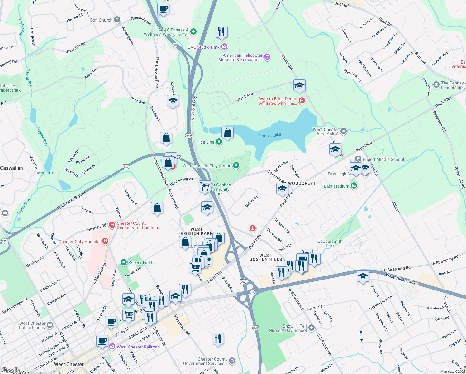 map of restaurants, bars, coffee shops, grocery stores, and more near 203 Afton Way in West Chester