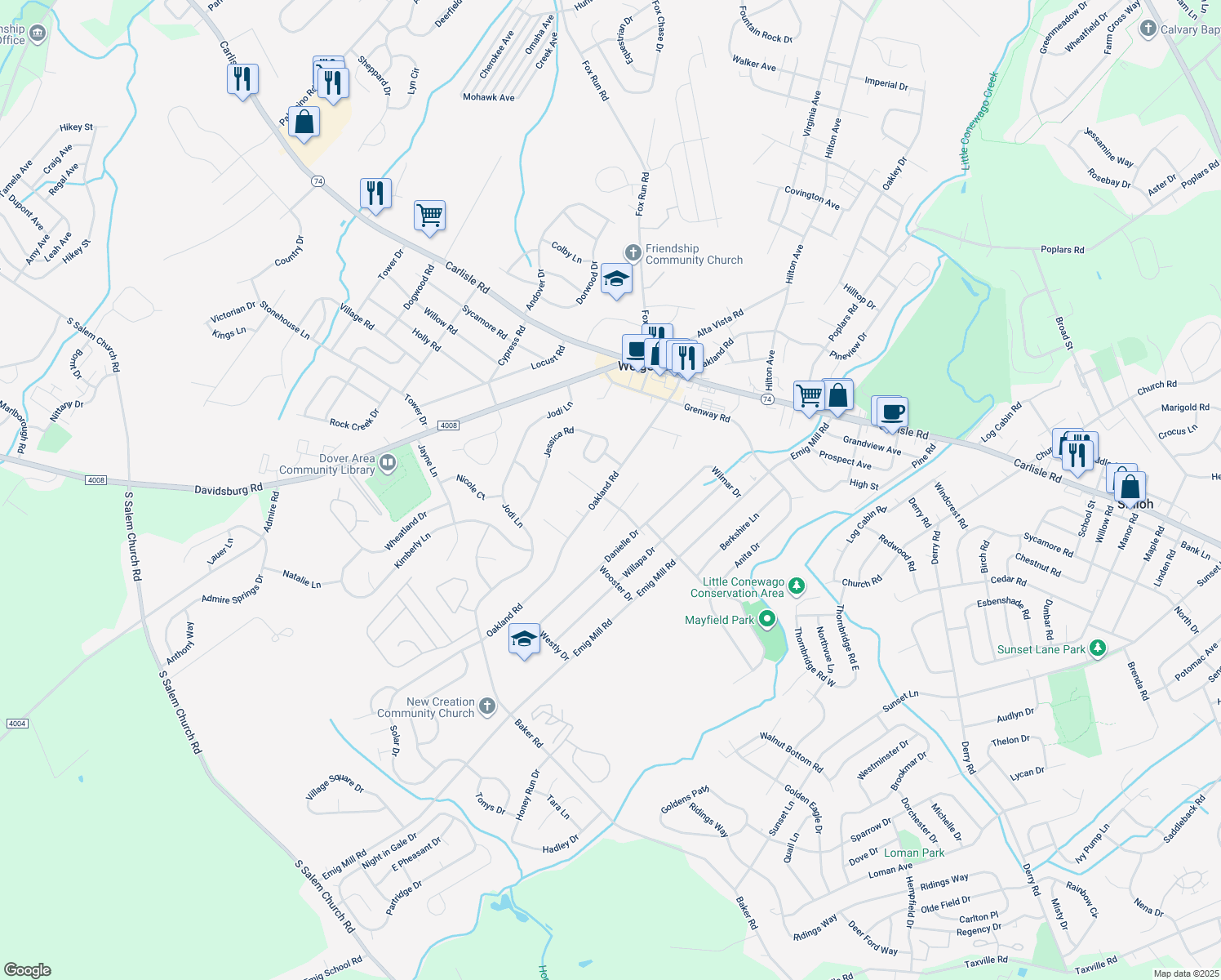 map of restaurants, bars, coffee shops, grocery stores, and more near 2585 Oakland Road in Dover