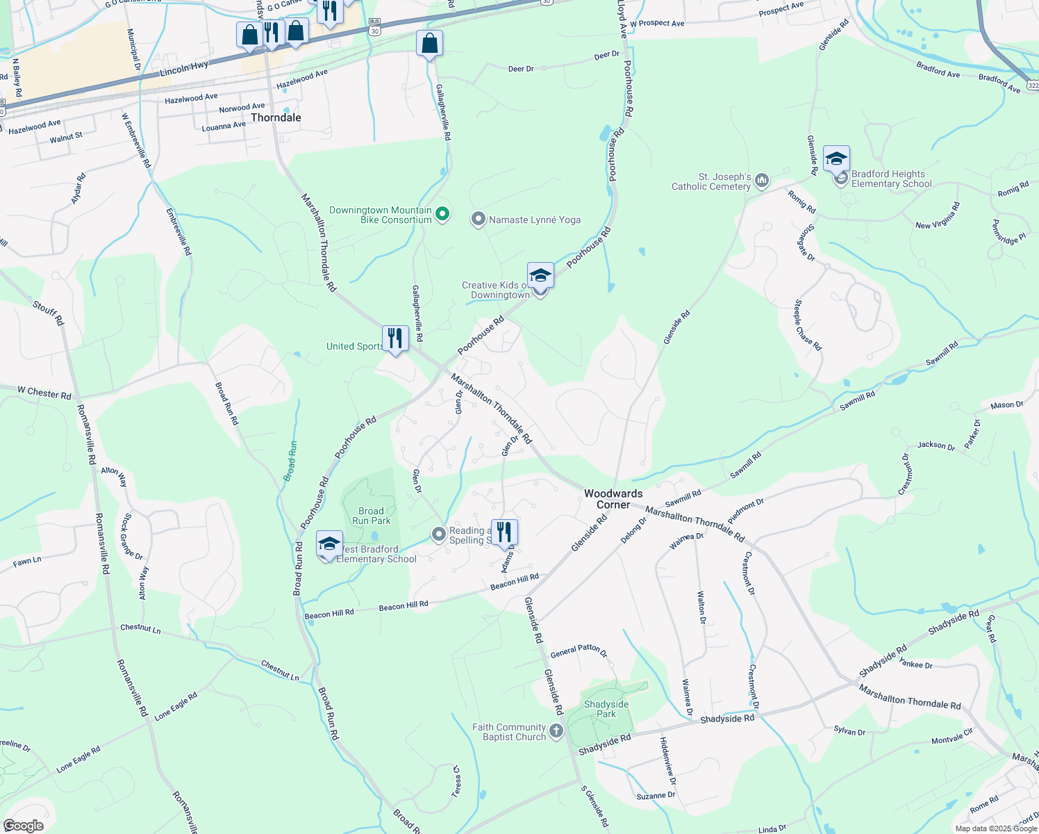 map of restaurants, bars, coffee shops, grocery stores, and more near 1347 Westminster Drive in Downingtown