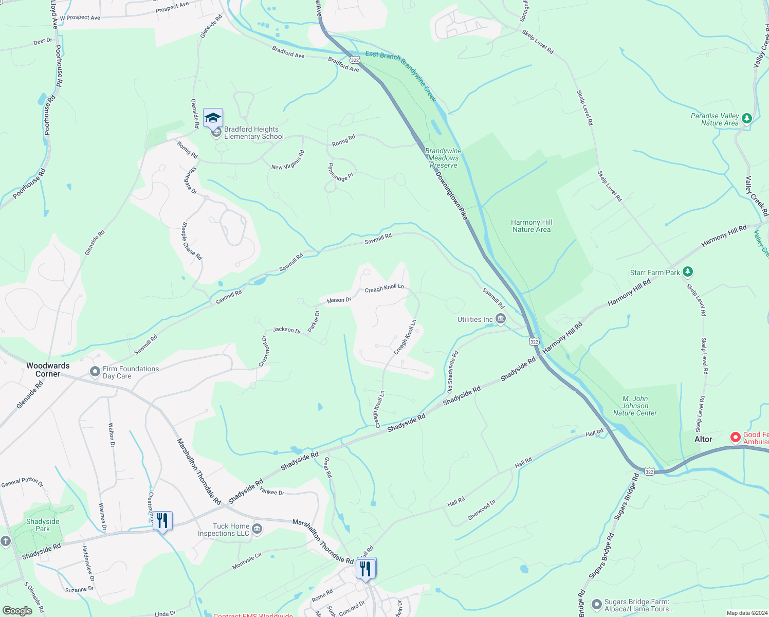map of restaurants, bars, coffee shops, grocery stores, and more near 1512 Montana Drive in Downingtown