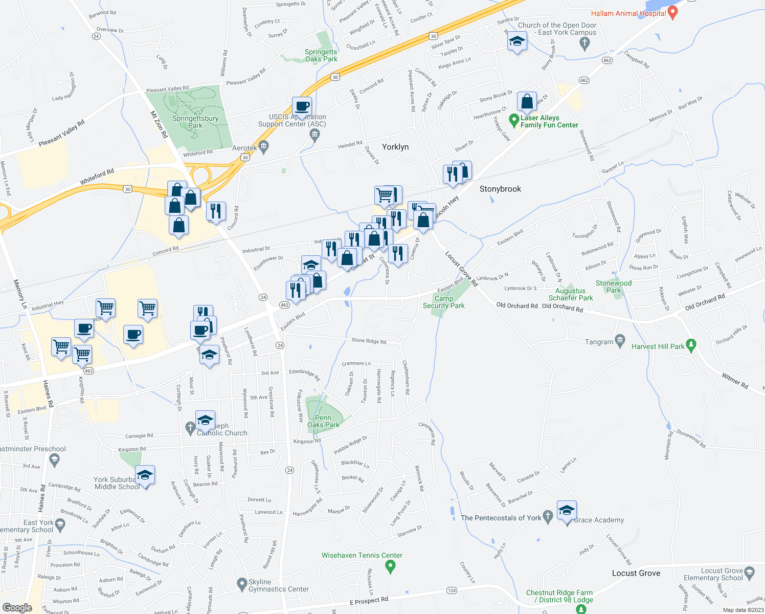 map of restaurants, bars, coffee shops, grocery stores, and more near 106 Lorenzo Court in York