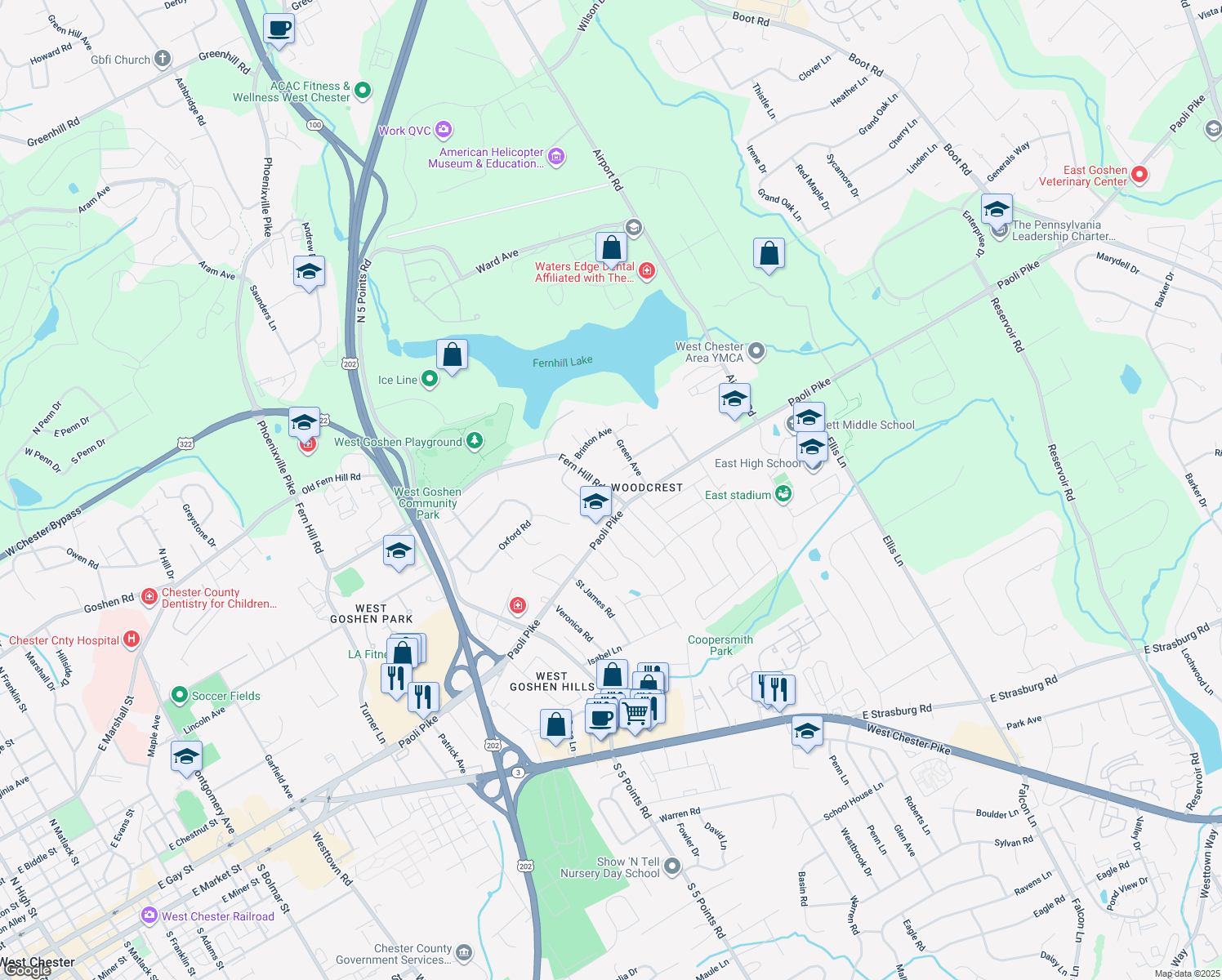 map of restaurants, bars, coffee shops, grocery stores, and more near 1179 Fernhill Road in West Chester