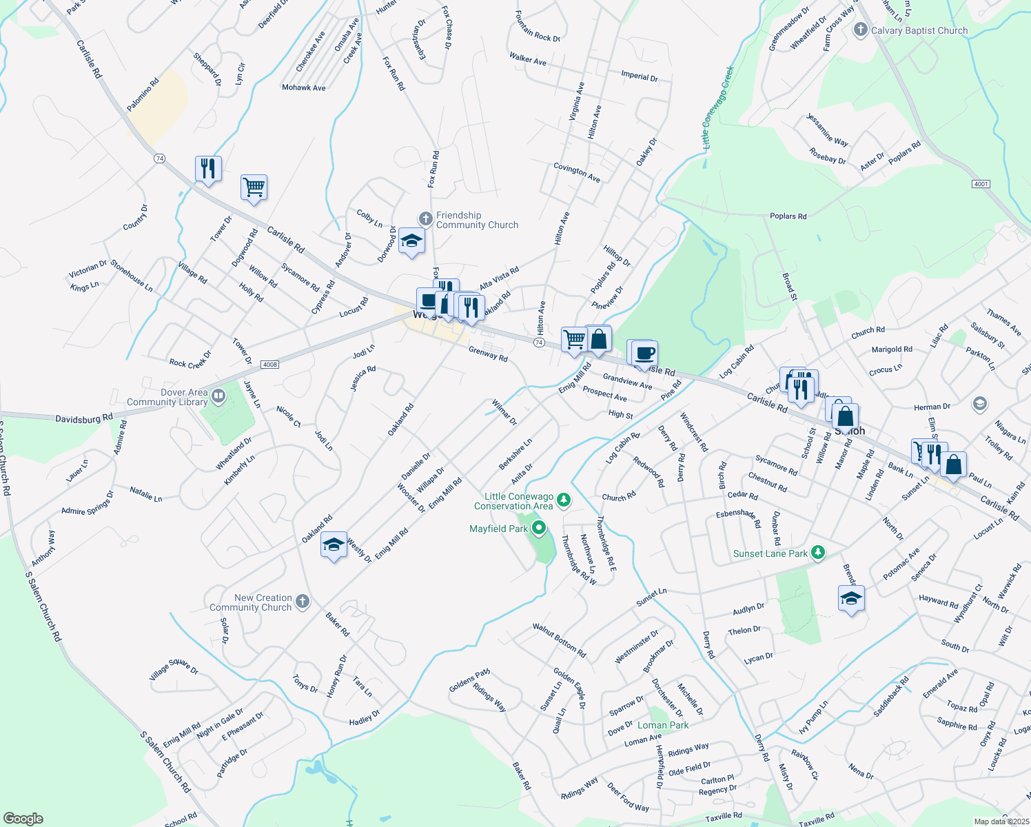 map of restaurants, bars, coffee shops, grocery stores, and more near 2905 Wilmar Drive in Dover