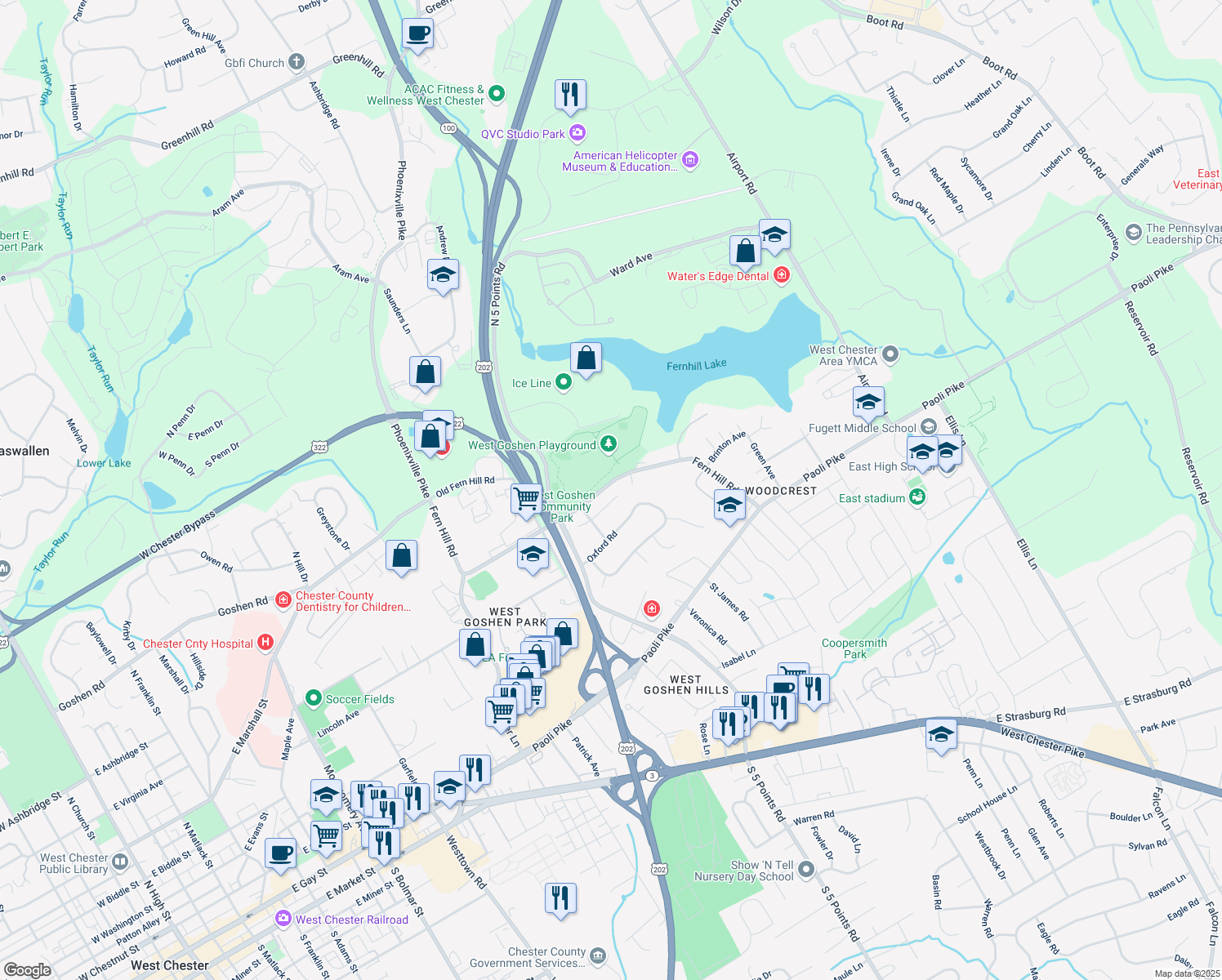 map of restaurants, bars, coffee shops, grocery stores, and more near 207 Afton Way in West Chester