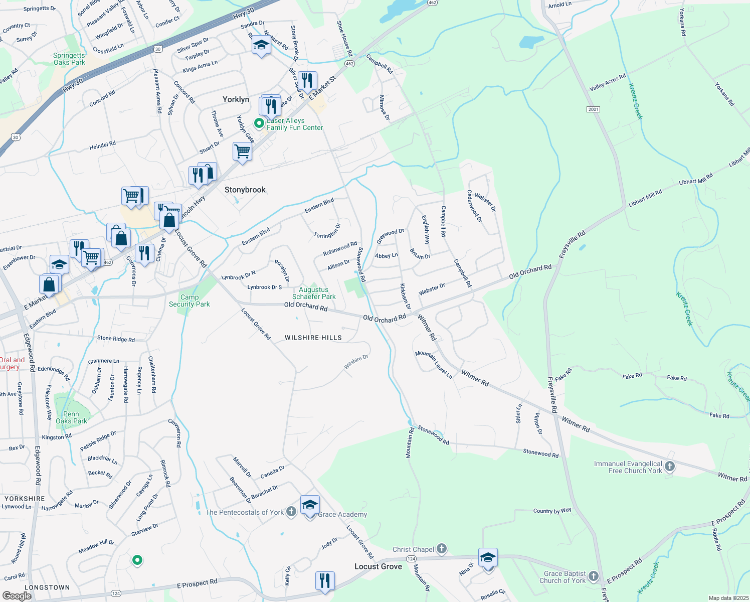 map of restaurants, bars, coffee shops, grocery stores, and more near 4107 Trowbridge Road in York
