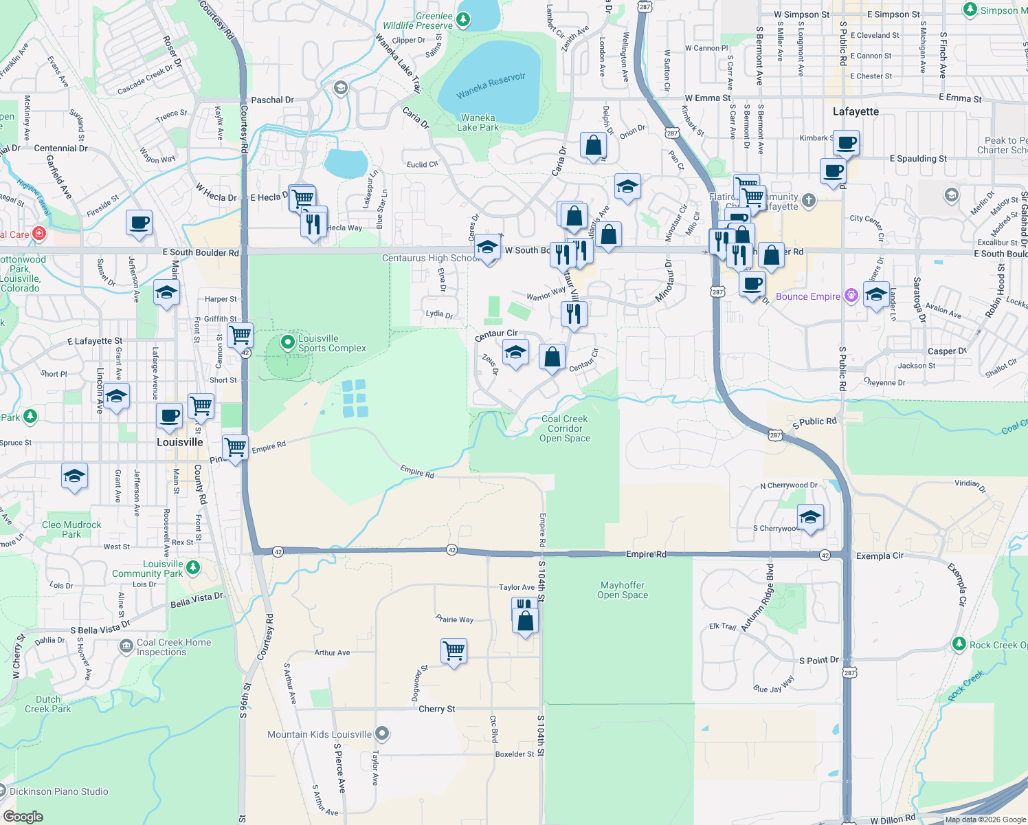map of restaurants, bars, coffee shops, grocery stores, and more near 1662 Centaur Cir in Lafayette