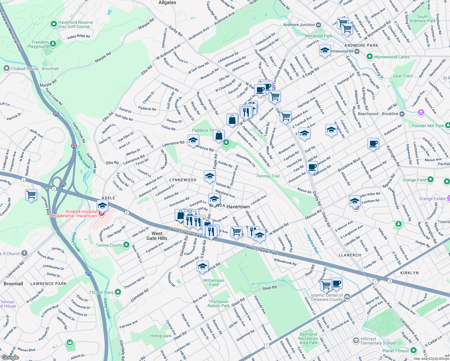 map of restaurants, bars, coffee shops, grocery stores, and more near 520 Virginia Avenue in Havertown
