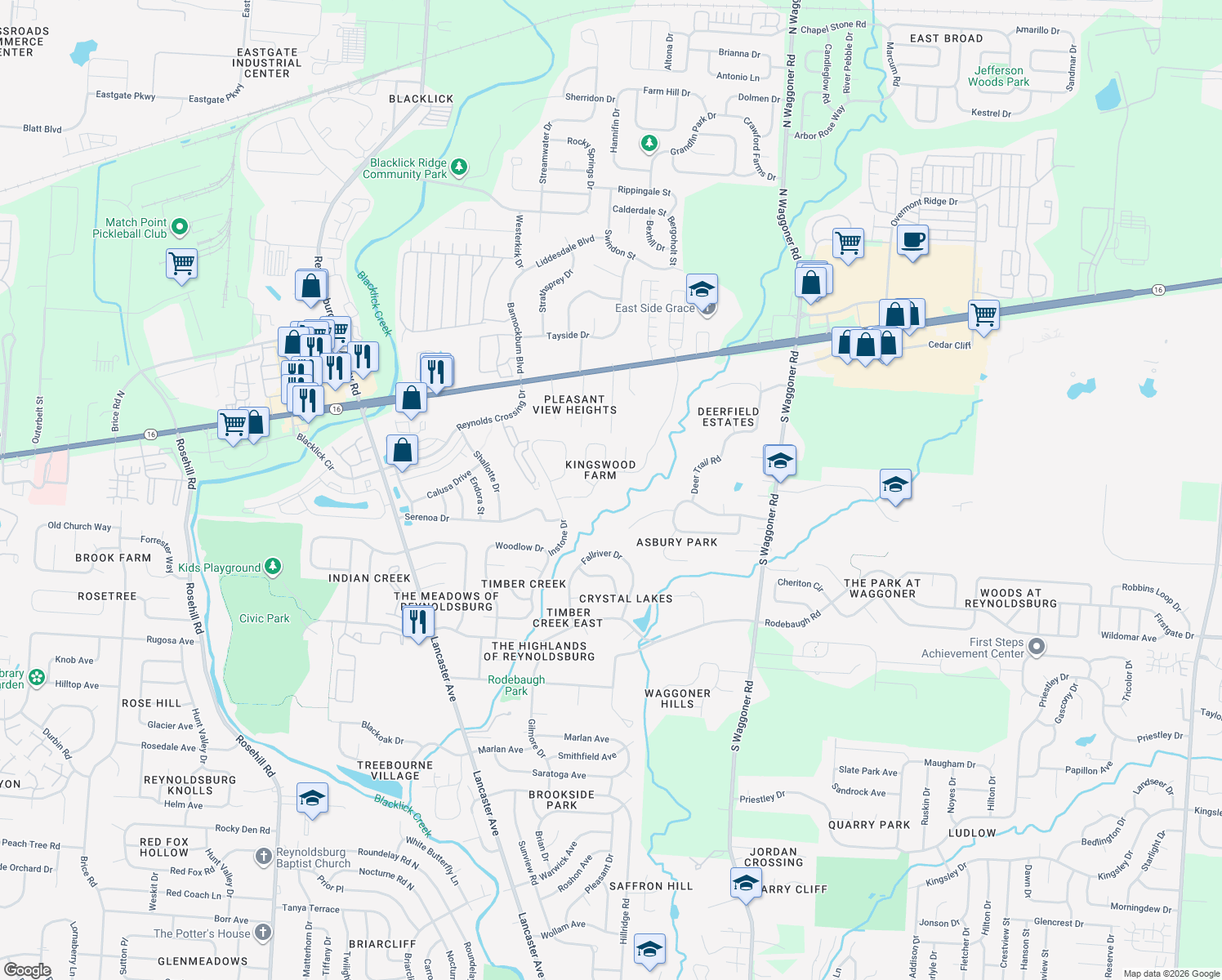 map of restaurants, bars, coffee shops, grocery stores, and more near 236 Kingsmeadow Lane in Blacklick