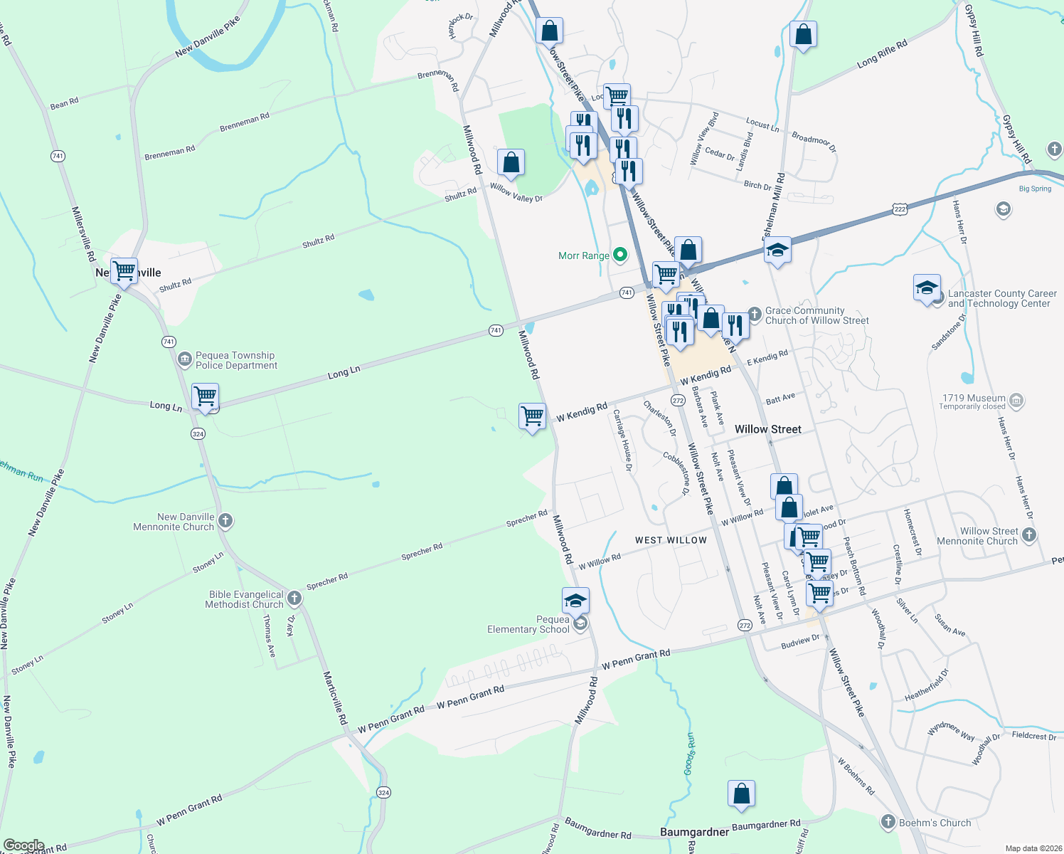 map of restaurants, bars, coffee shops, grocery stores, and more near Kendig Rd in Lancaster