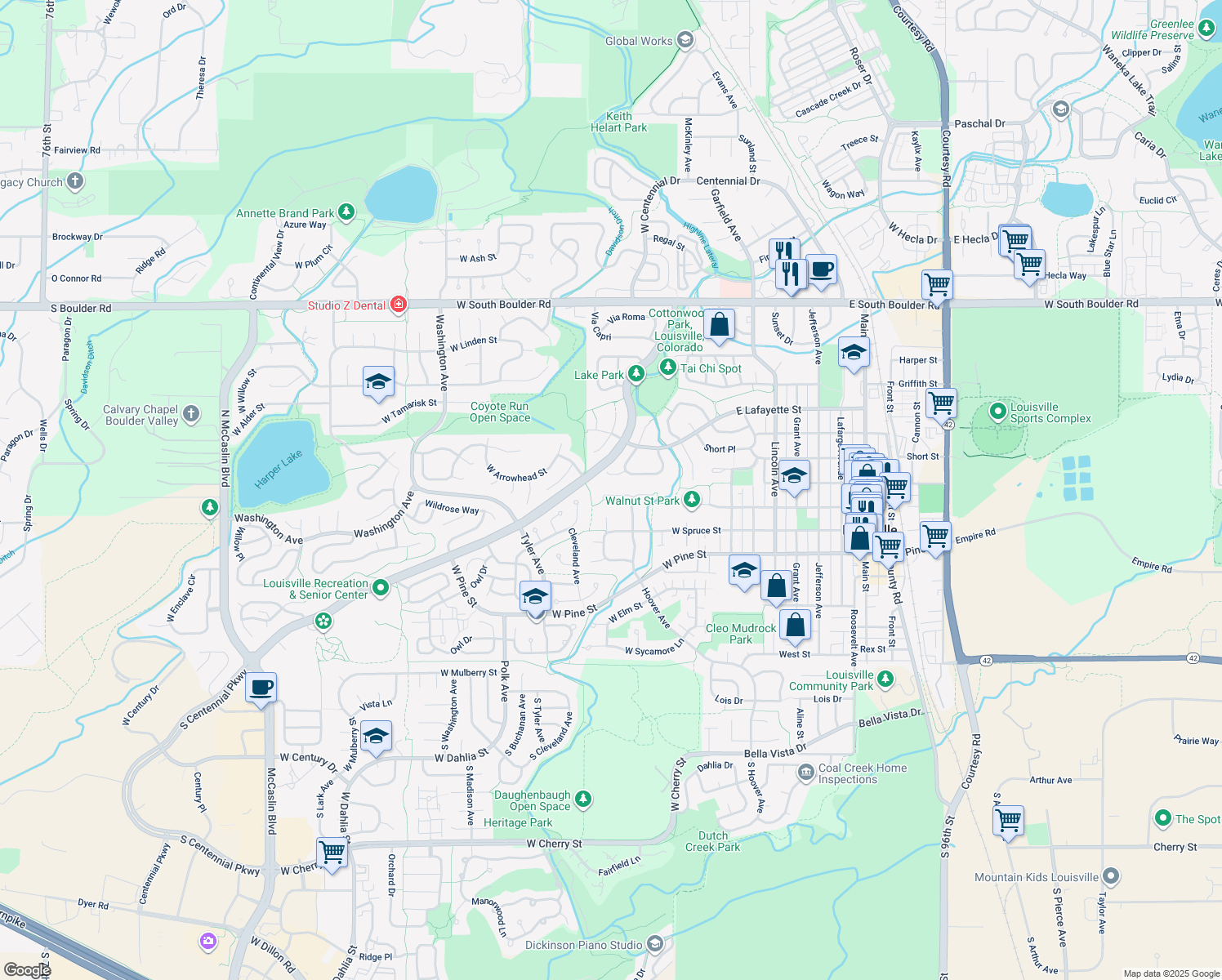 map of restaurants, bars, coffee shops, grocery stores, and more near 347 Walnut Lane in Louisville