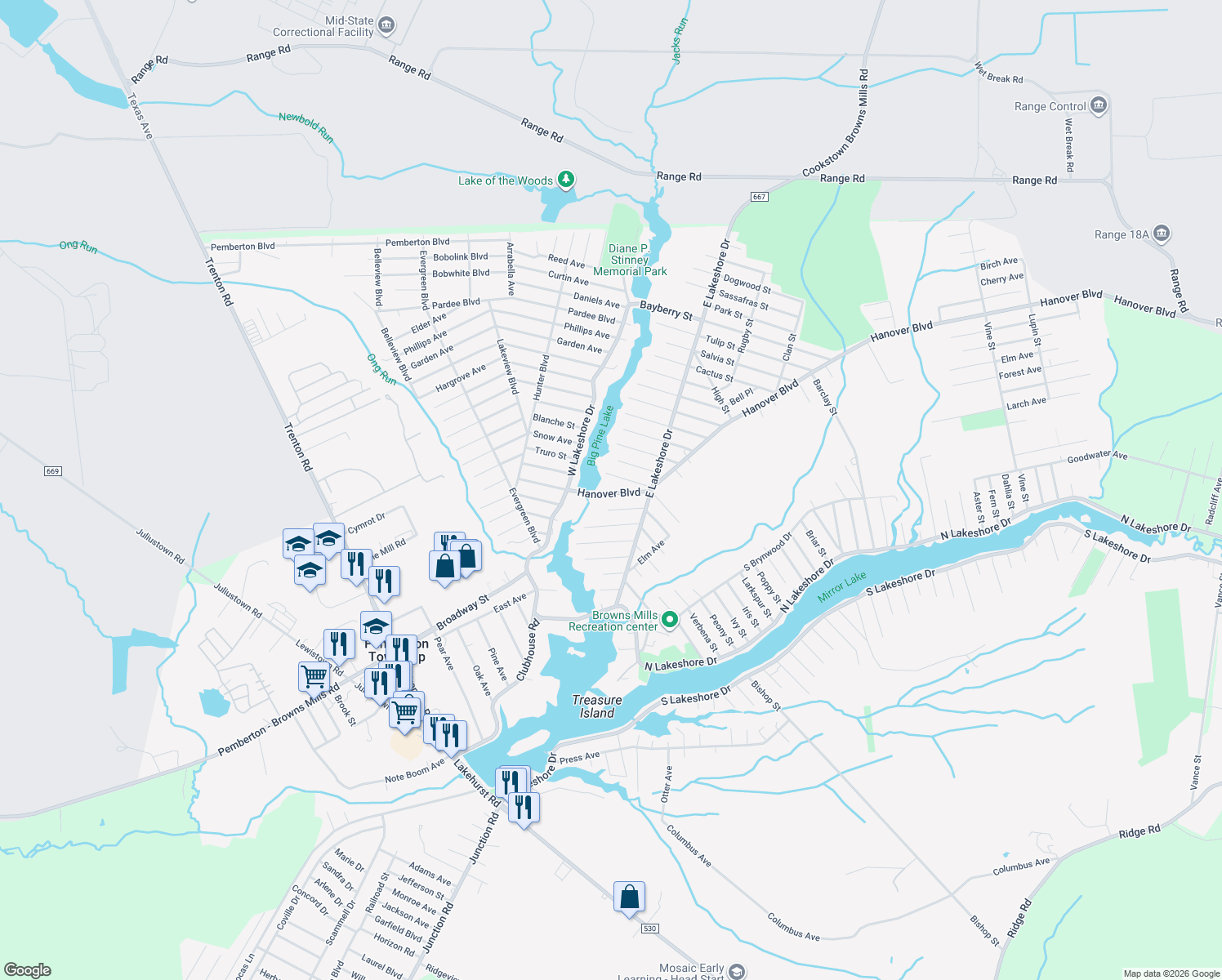 map of restaurants, bars, coffee shops, grocery stores, and more near 309 Hanover Blvd in Pemberton Township