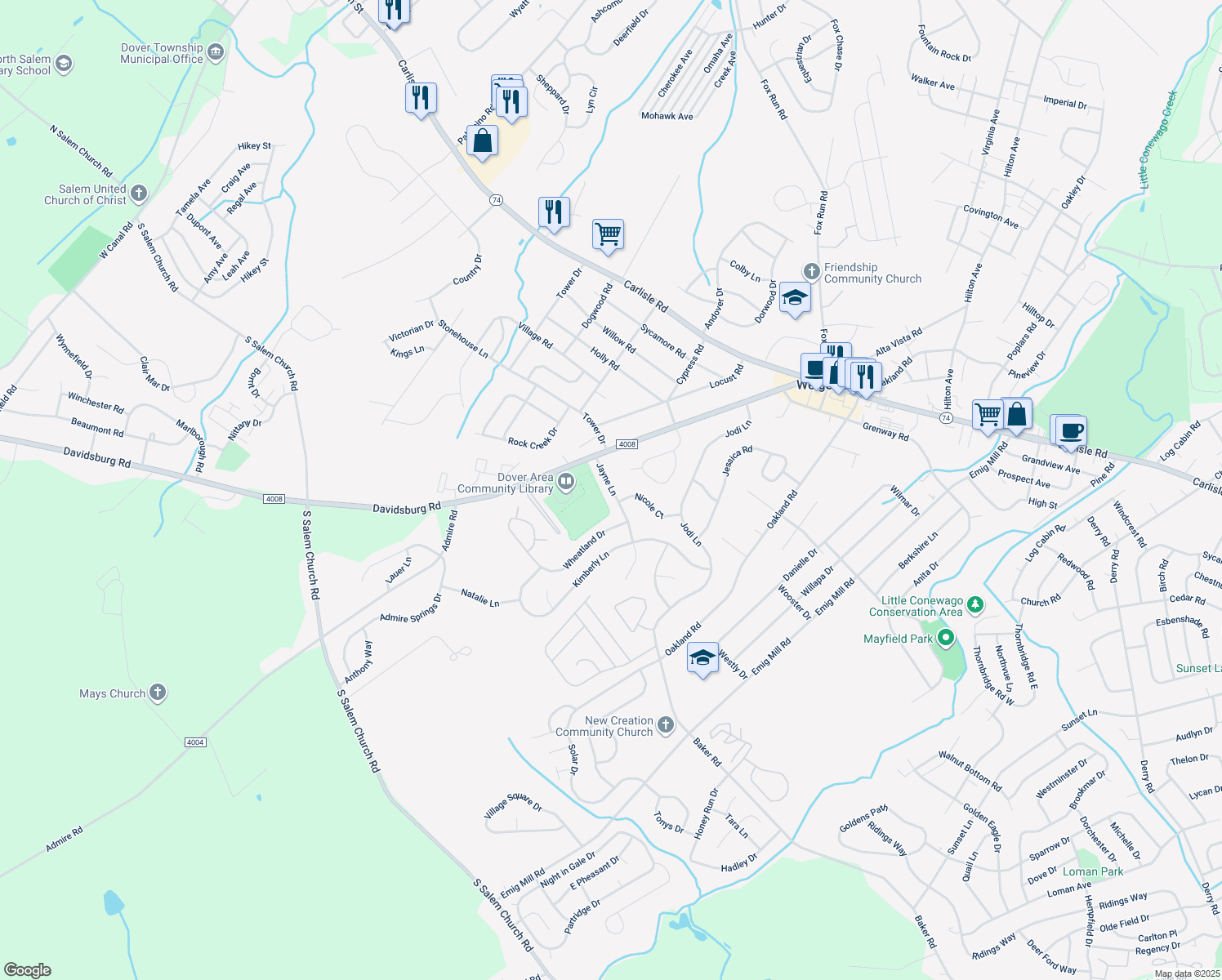 map of restaurants, bars, coffee shops, grocery stores, and more near 3186 Jayne Lane in Dover