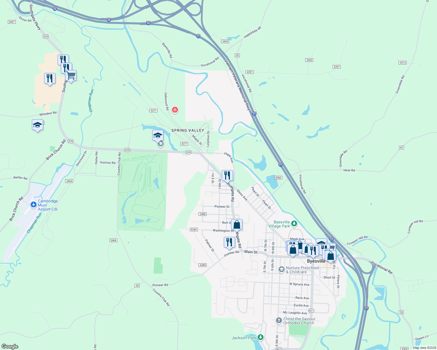 map of restaurants, bars, coffee shops, grocery stores, and more near 60605 Southgate Road in Byesville