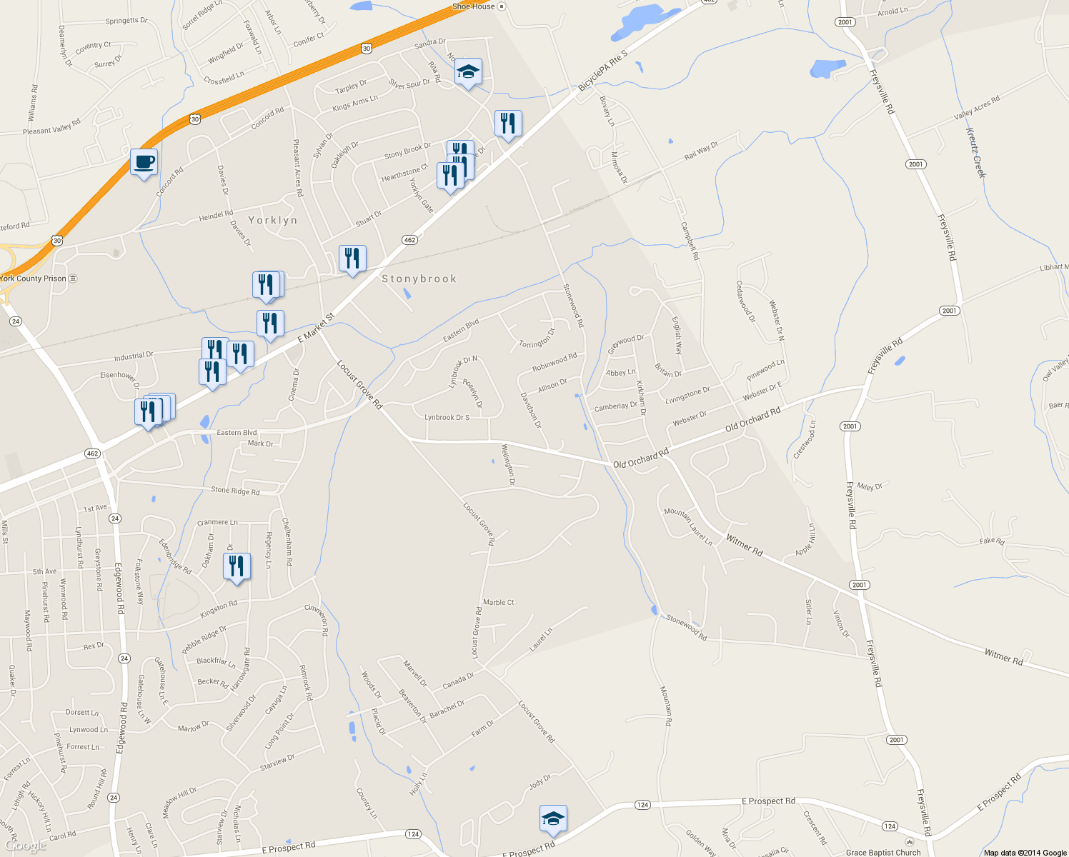 map of restaurants, bars, coffee shops, grocery stores, and more near 41 Davidson Drive in York