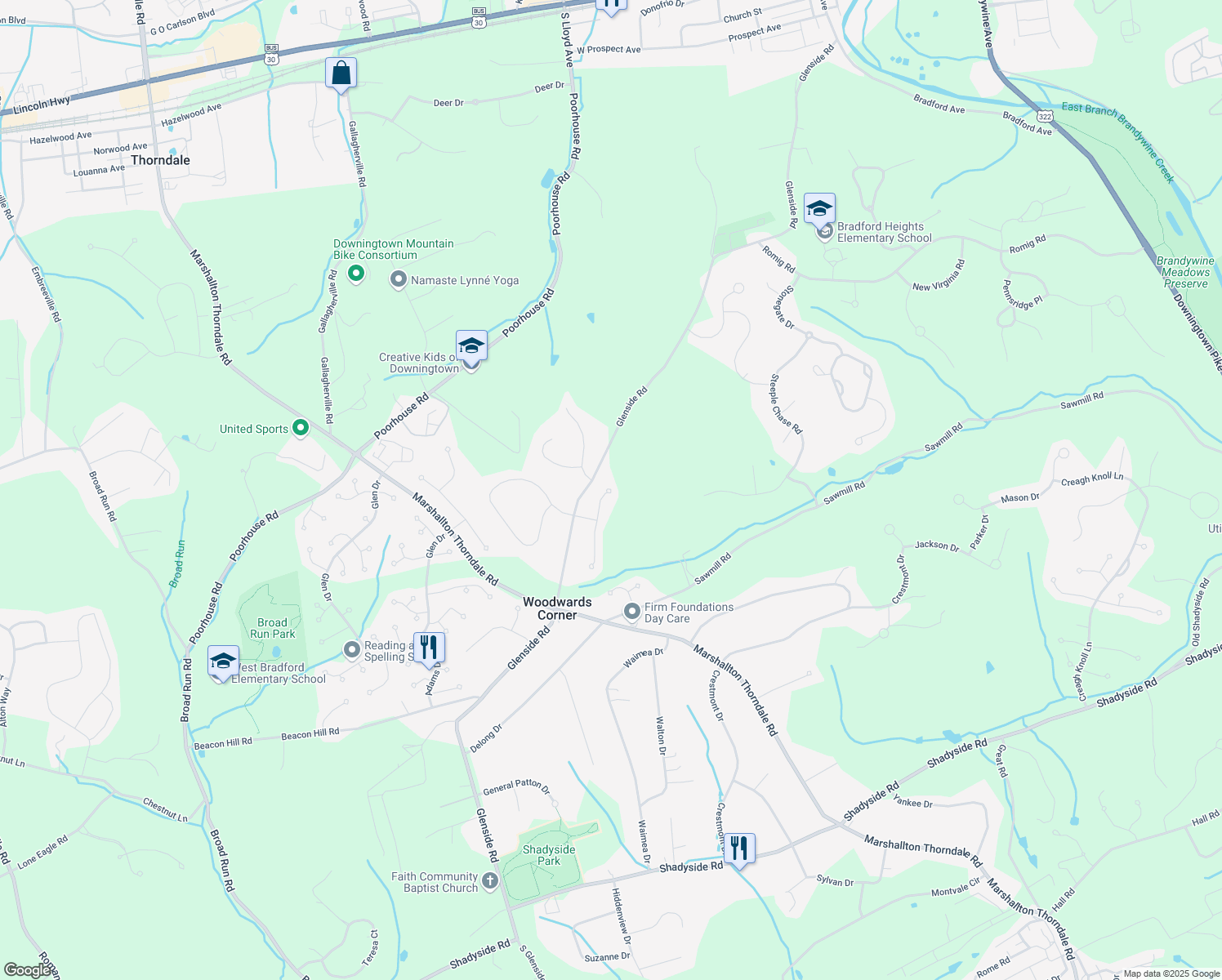 map of restaurants, bars, coffee shops, grocery stores, and more near 1100 Price Lane in Chester County