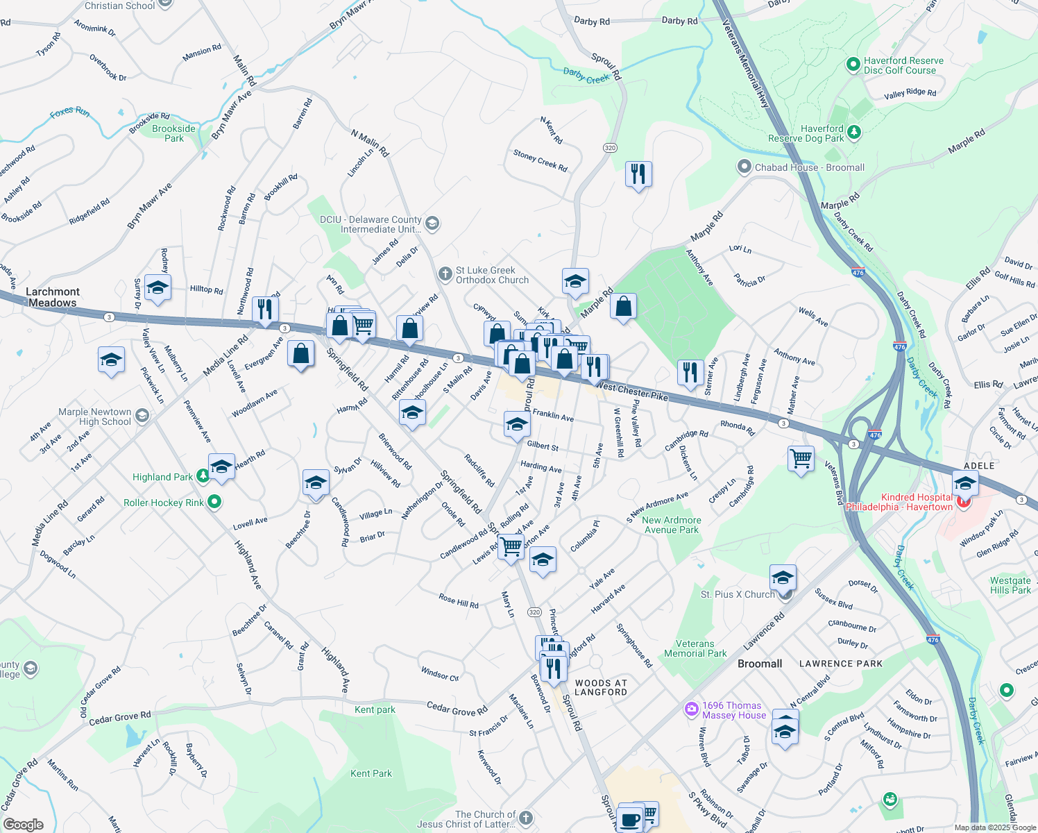 map of restaurants, bars, coffee shops, grocery stores, and more near 2 Amanda Drive in Broomall