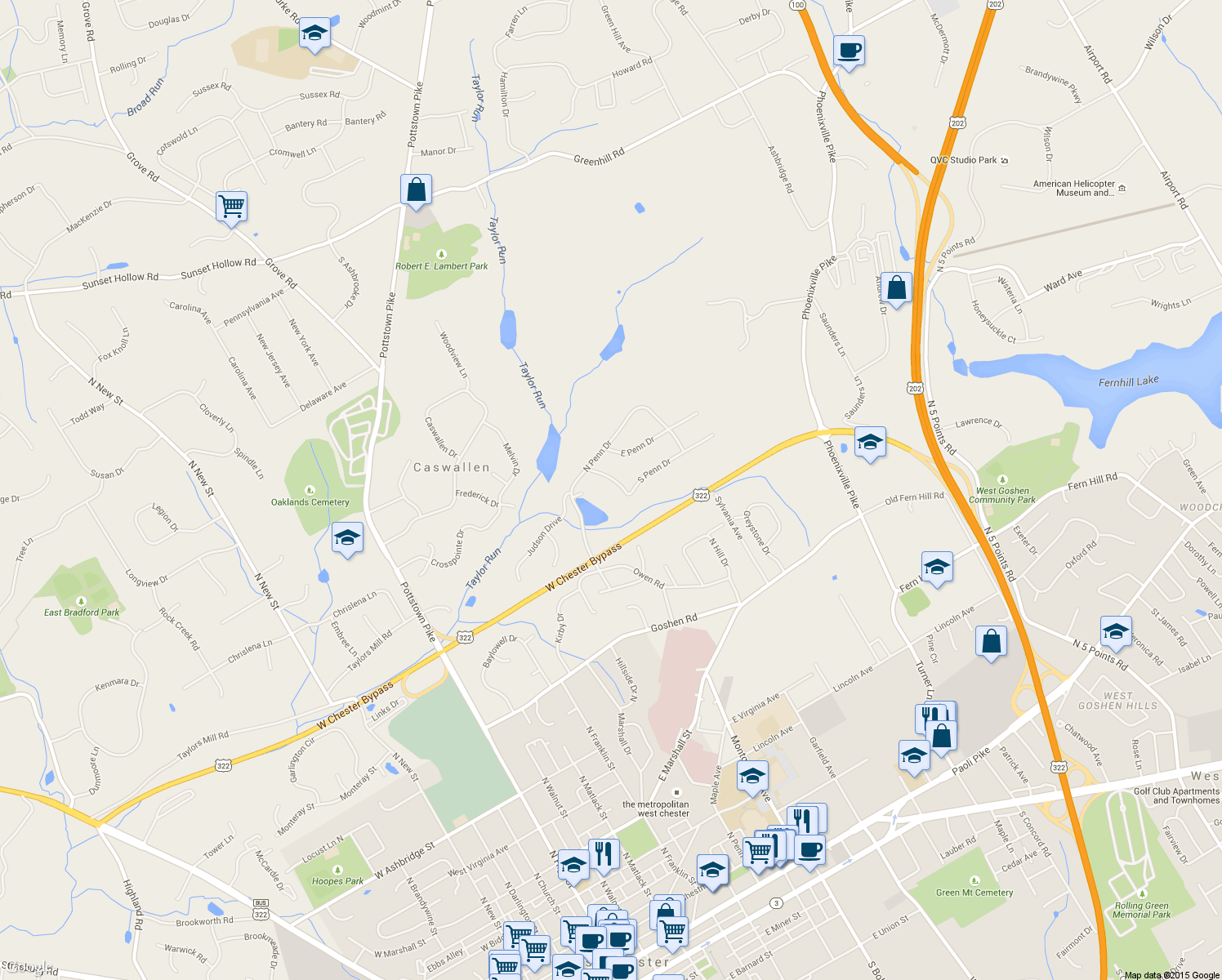 map of restaurants, bars, coffee shops, grocery stores, and more near 964 West Penn Drive in West Chester