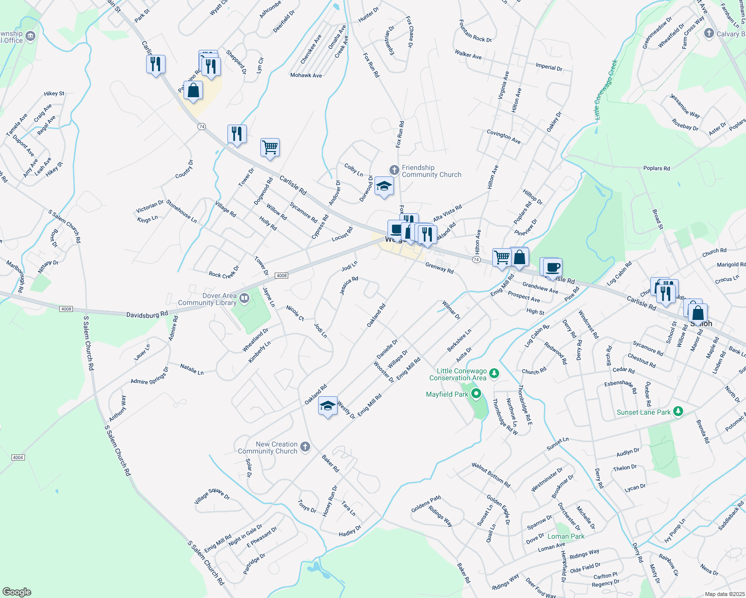 map of restaurants, bars, coffee shops, grocery stores, and more near 2572 Abby Lane in Dover