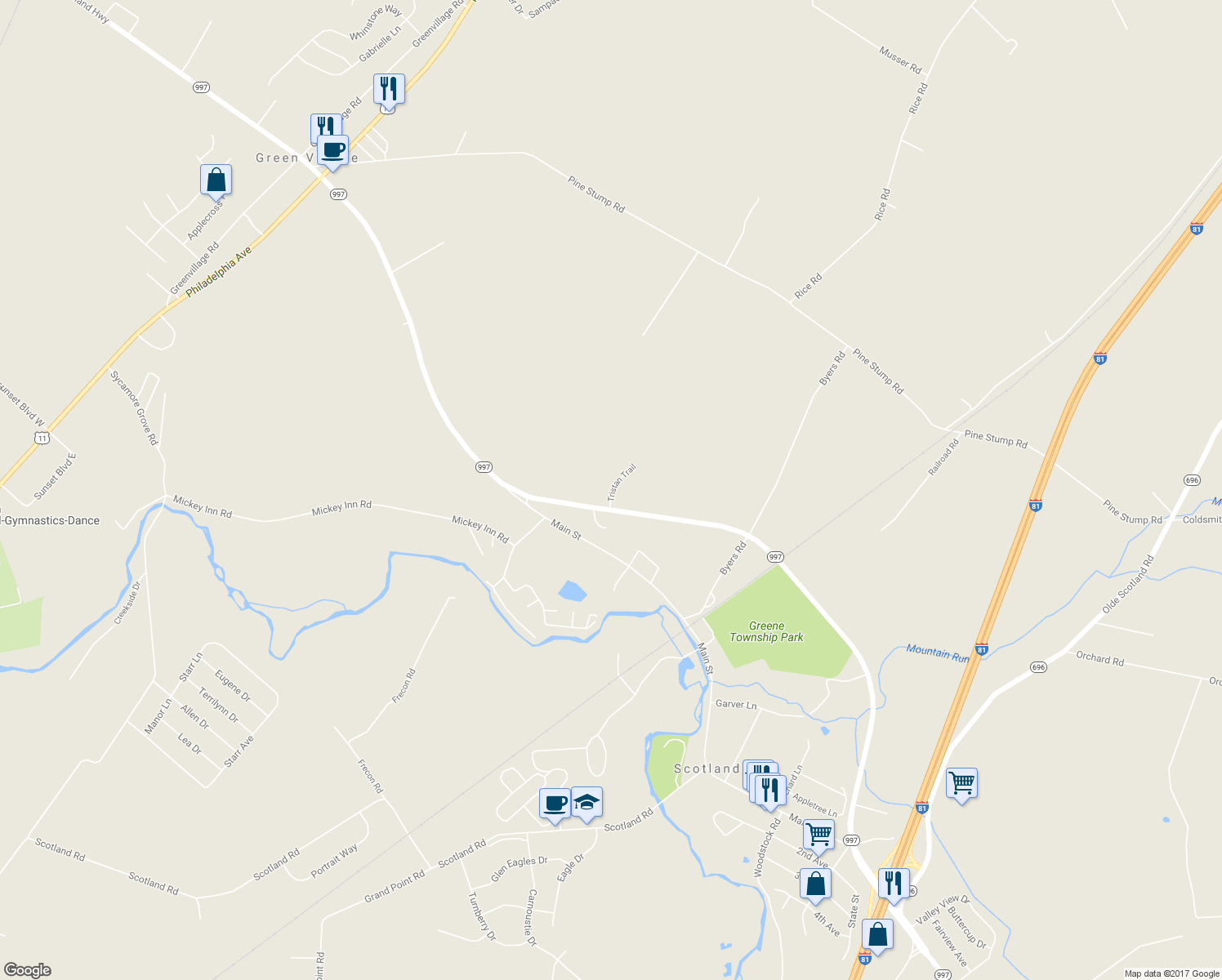 map of restaurants, bars, coffee shops, grocery stores, and more near 711 Tristan Trail in Chambersburg