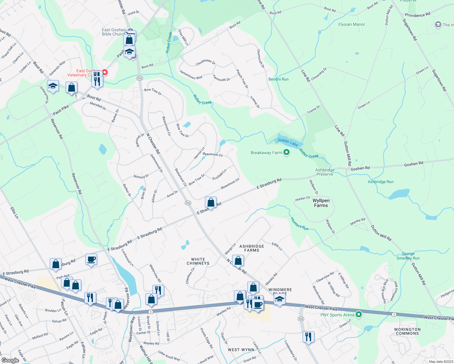 map of restaurants, bars, coffee shops, grocery stores, and more near 429 Beaumont Circle in West Chester