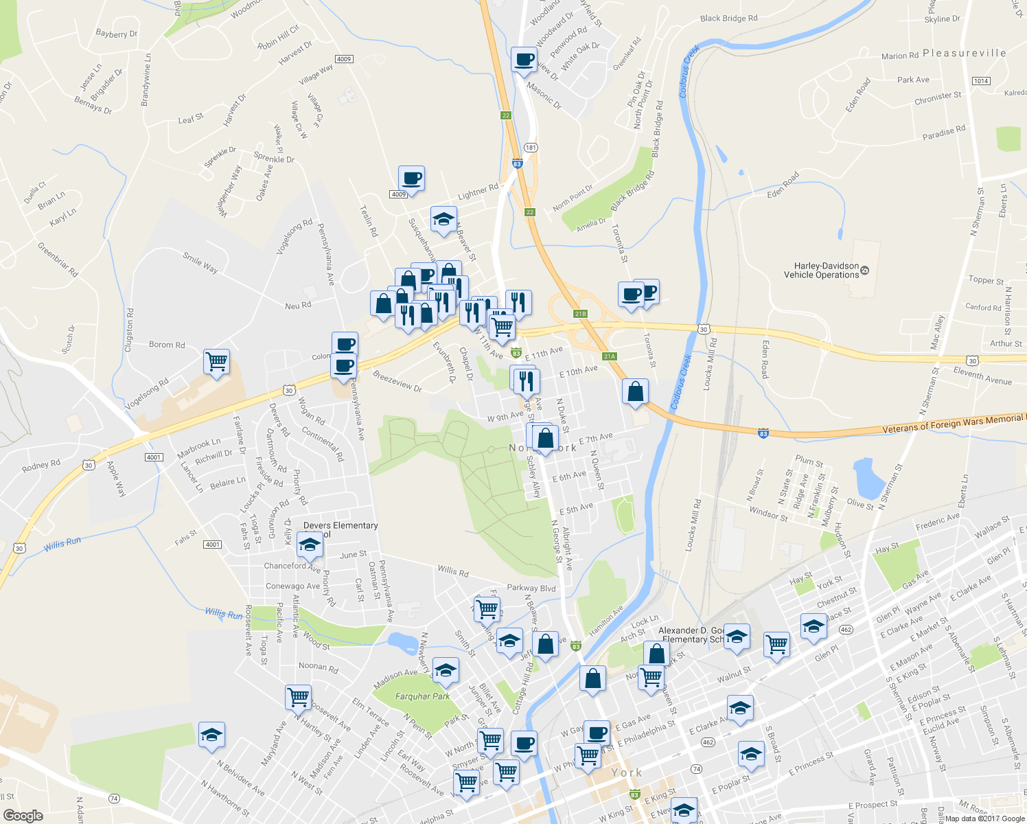 map of restaurants, bars, coffee shops, grocery stores, and more near 37 West 9th Avenue in York