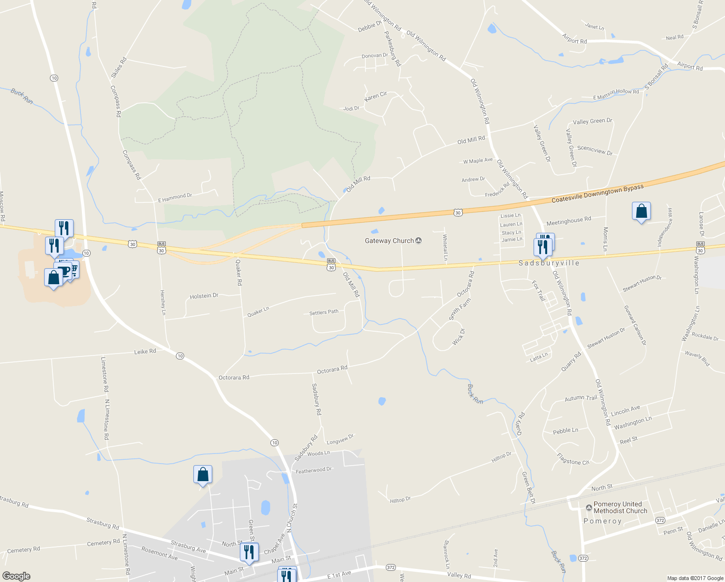 map of restaurants, bars, coffee shops, grocery stores, and more near 307 Old Mill Road in Parkesburg