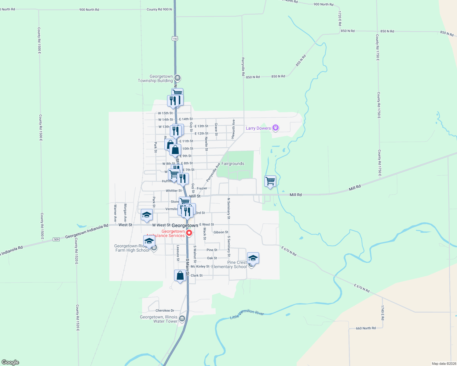 map of restaurants, bars, coffee shops, grocery stores, and more near 418 N Seminary St in Georgetown