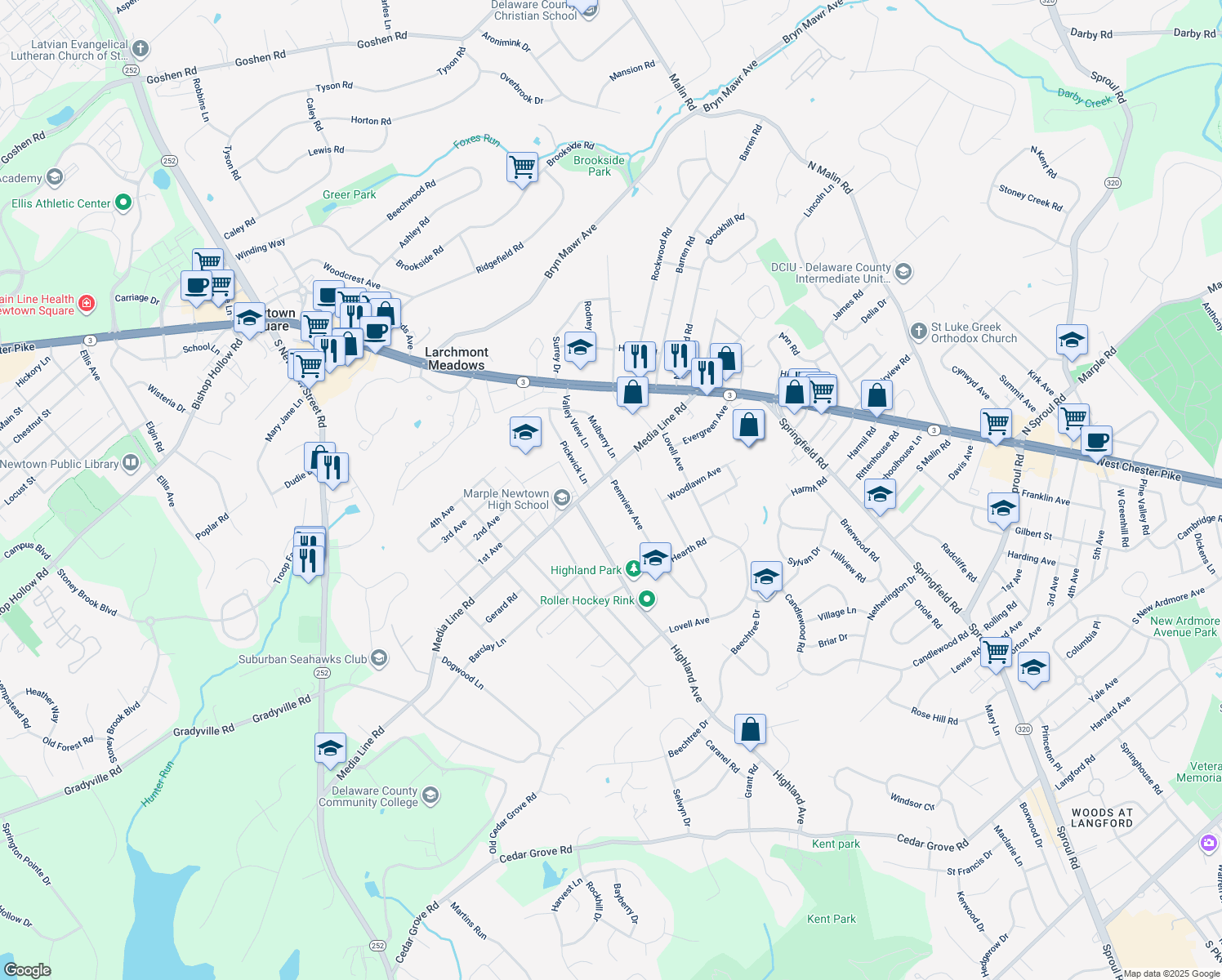 map of restaurants, bars, coffee shops, grocery stores, and more near 2998 Pennview Avenue in Broomall