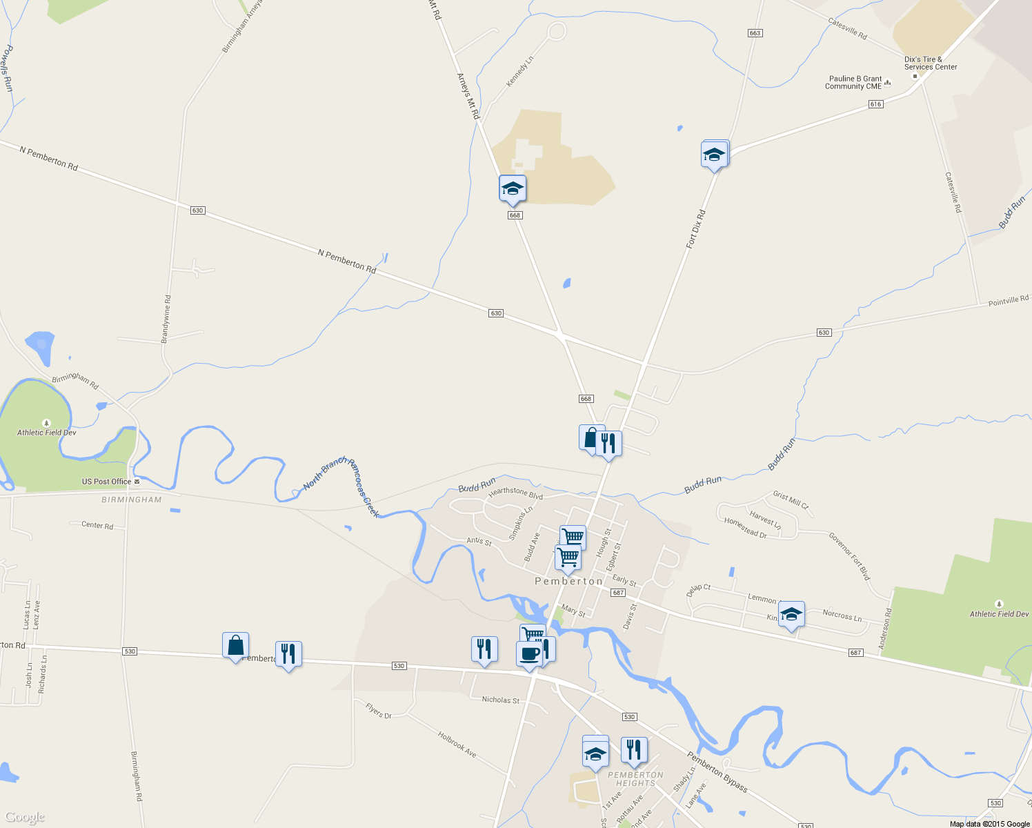 map of restaurants, bars, coffee shops, grocery stores, and more near 51 Arneys Mount Road in Pemberton