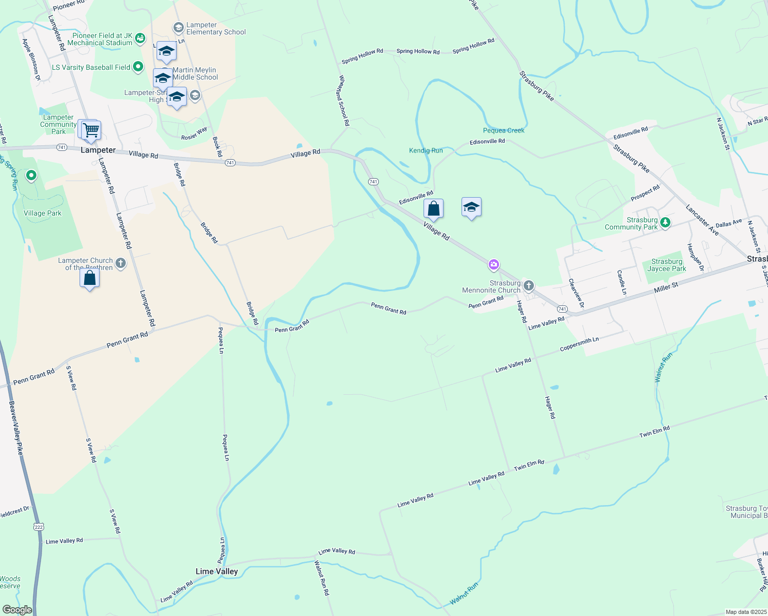map of restaurants, bars, coffee shops, grocery stores, and more near 1236 Penn Grant Road in Lancaster