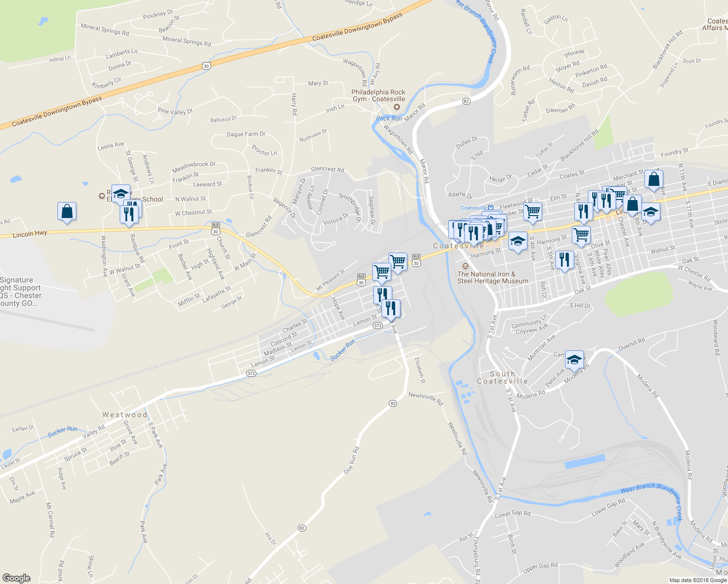 map of restaurants, bars, coffee shops, grocery stores, and more near 337 Charles Street in Coatesville