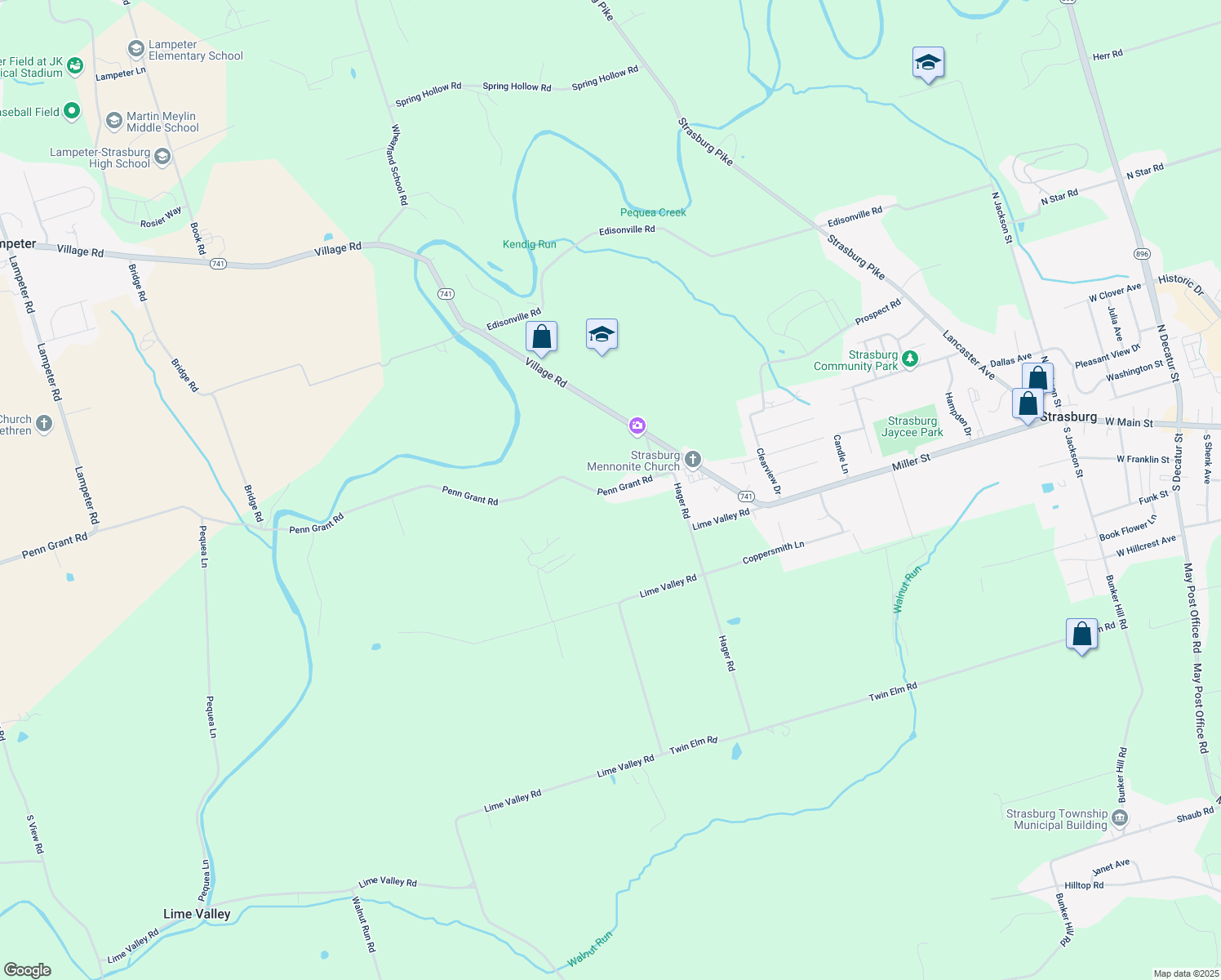 map of restaurants, bars, coffee shops, grocery stores, and more near 1404 Penn Grant Road in Lancaster