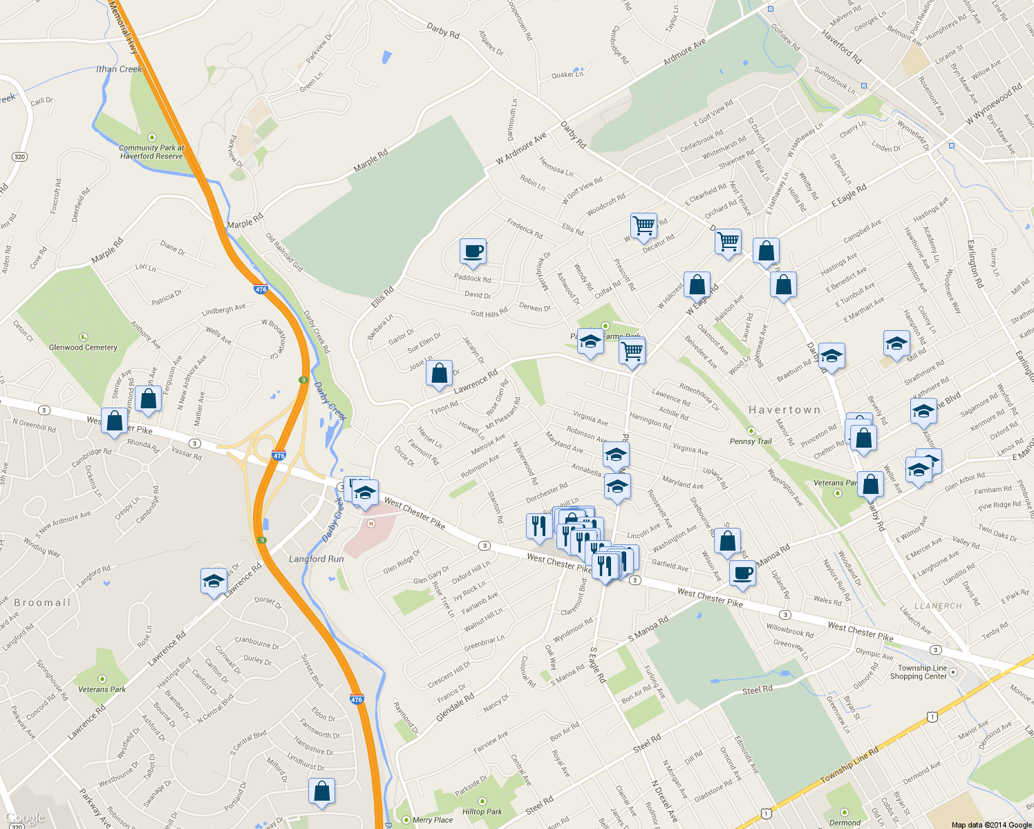 map of restaurants, bars, coffee shops, grocery stores, and more near 1622 Mount Pleasant Road in Havertown