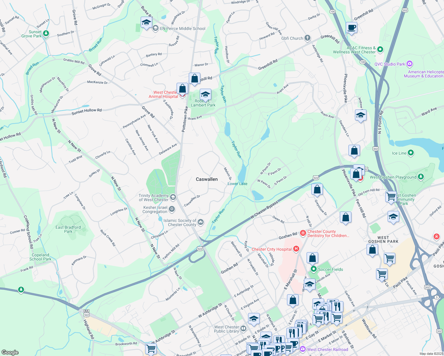 map of restaurants, bars, coffee shops, grocery stores, and more near 975 Carol Circle in West Chester