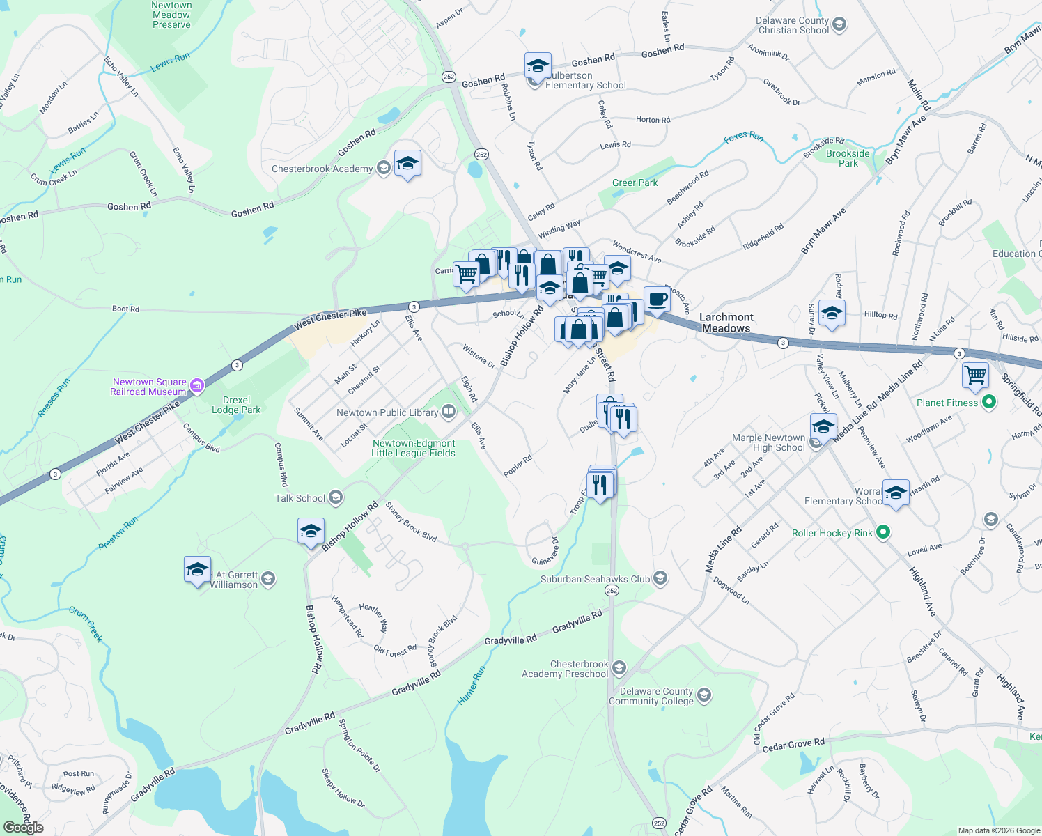 map of restaurants, bars, coffee shops, grocery stores, and more near 19 Newtown Woods Road in Newtown Square