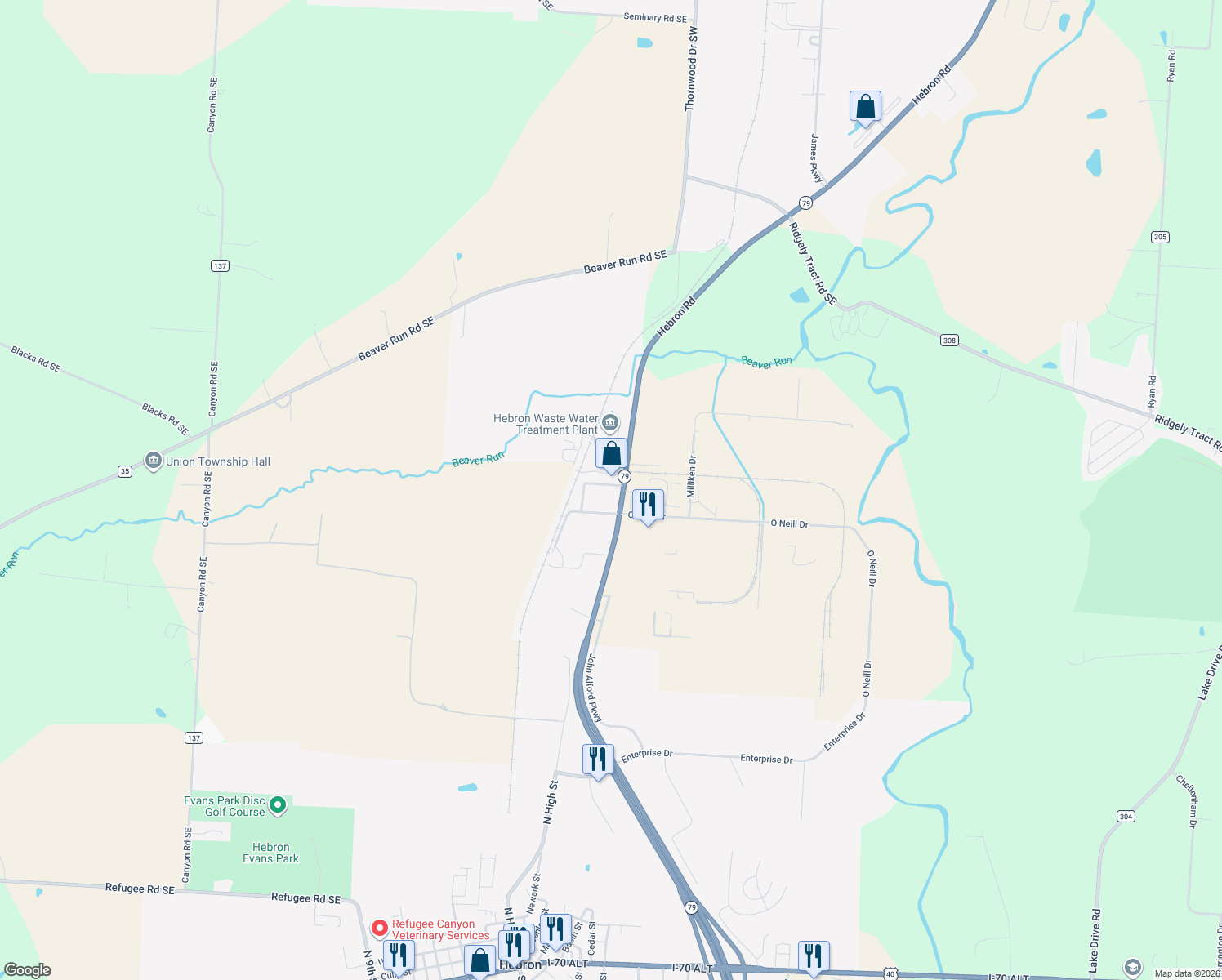 map of restaurants, bars, coffee shops, grocery stores, and more near 3547 Hebron Road in Hebron