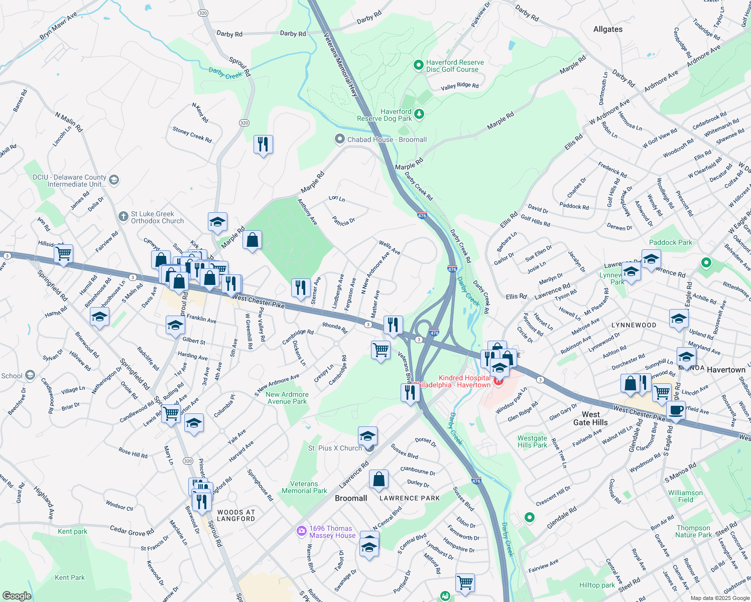 map of restaurants, bars, coffee shops, grocery stores, and more near 14 Mather Avenue in Broomall
