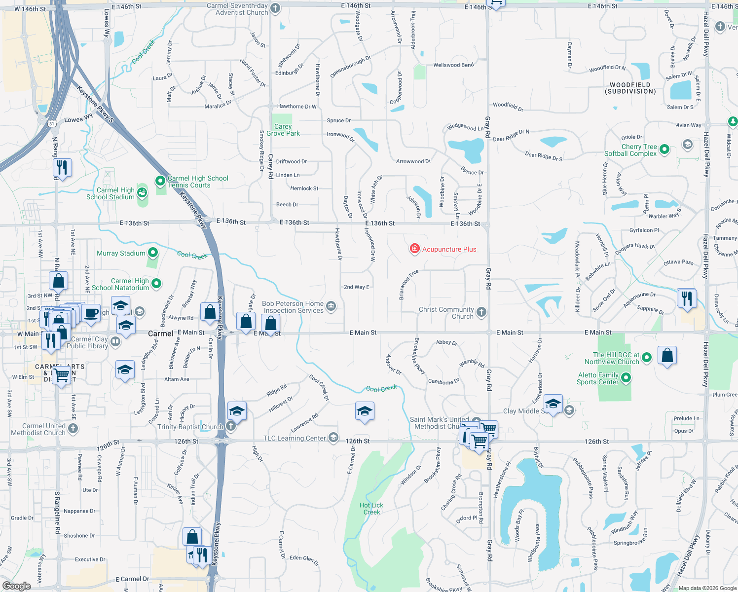 map of restaurants, bars, coffee shops, grocery stores, and more near 166 Ironwood Court in Carmel