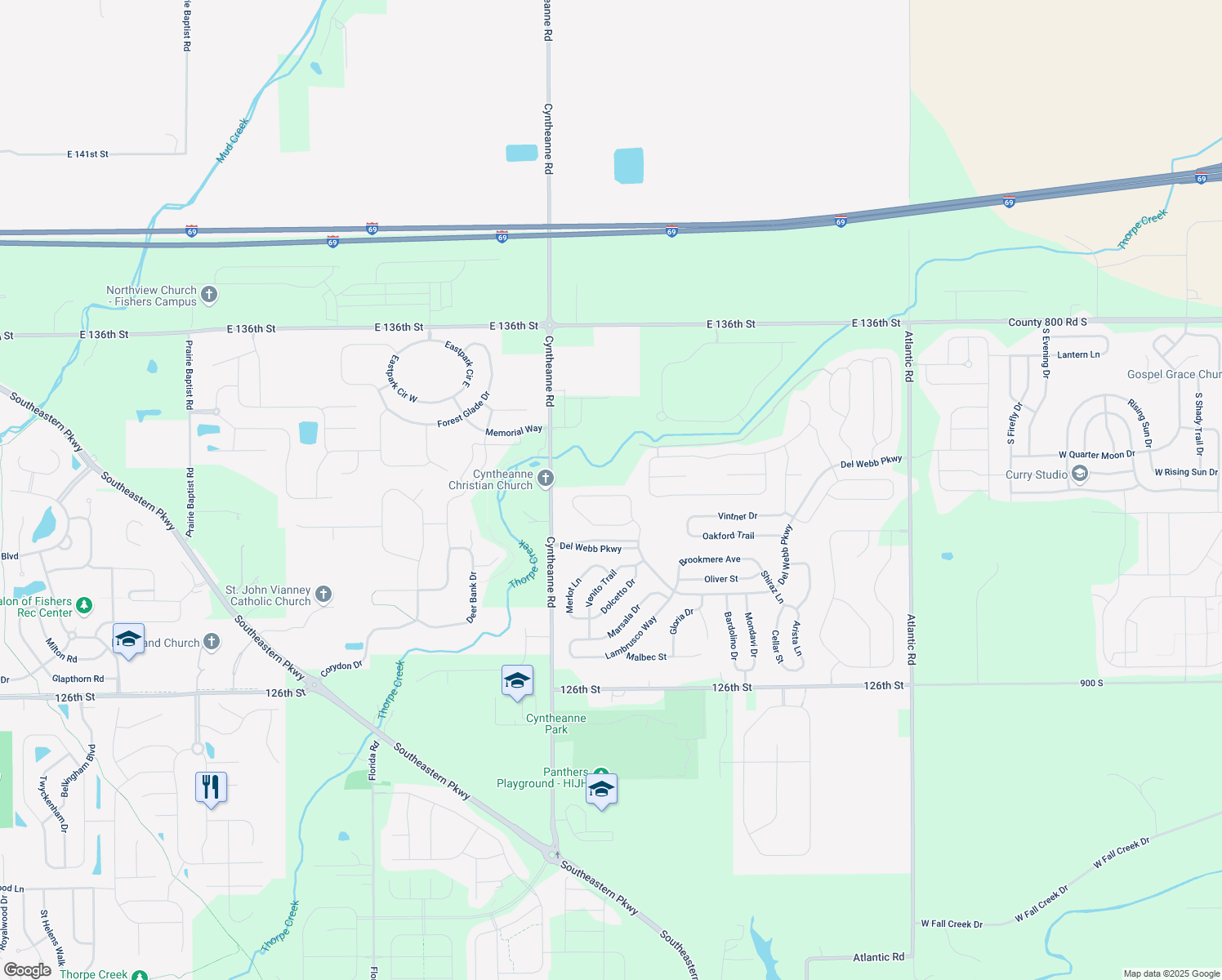 map of restaurants, bars, coffee shops, grocery stores, and more near 15308 Charbono Street in Fishers