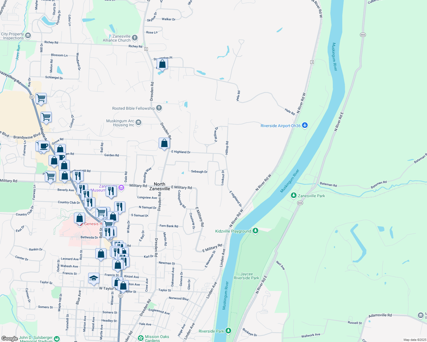 map of restaurants, bars, coffee shops, grocery stores, and more near 3075 Venture Lane in Zanesville