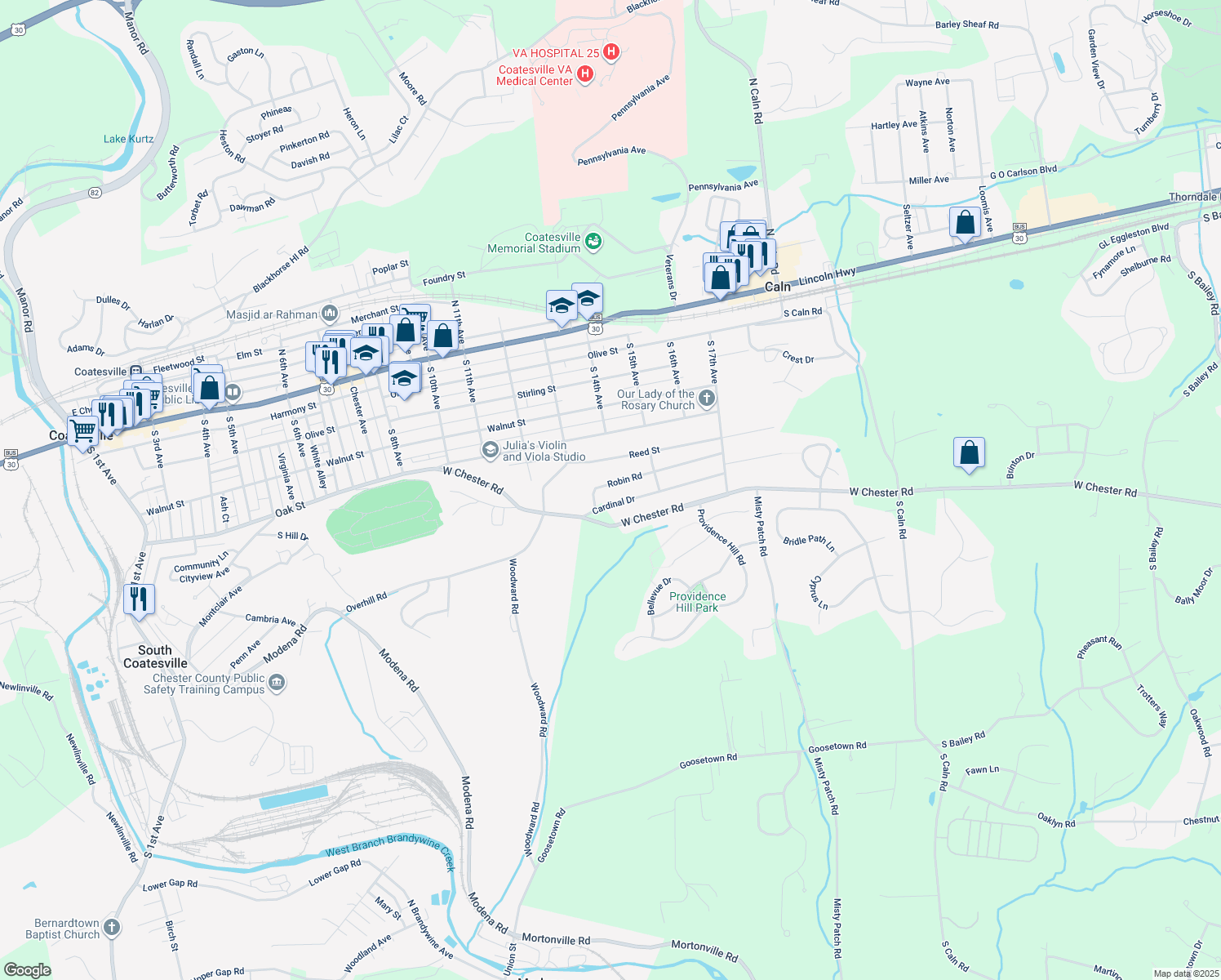 map of restaurants, bars, coffee shops, grocery stores, and more near 1400 Robin Road in Coatesville