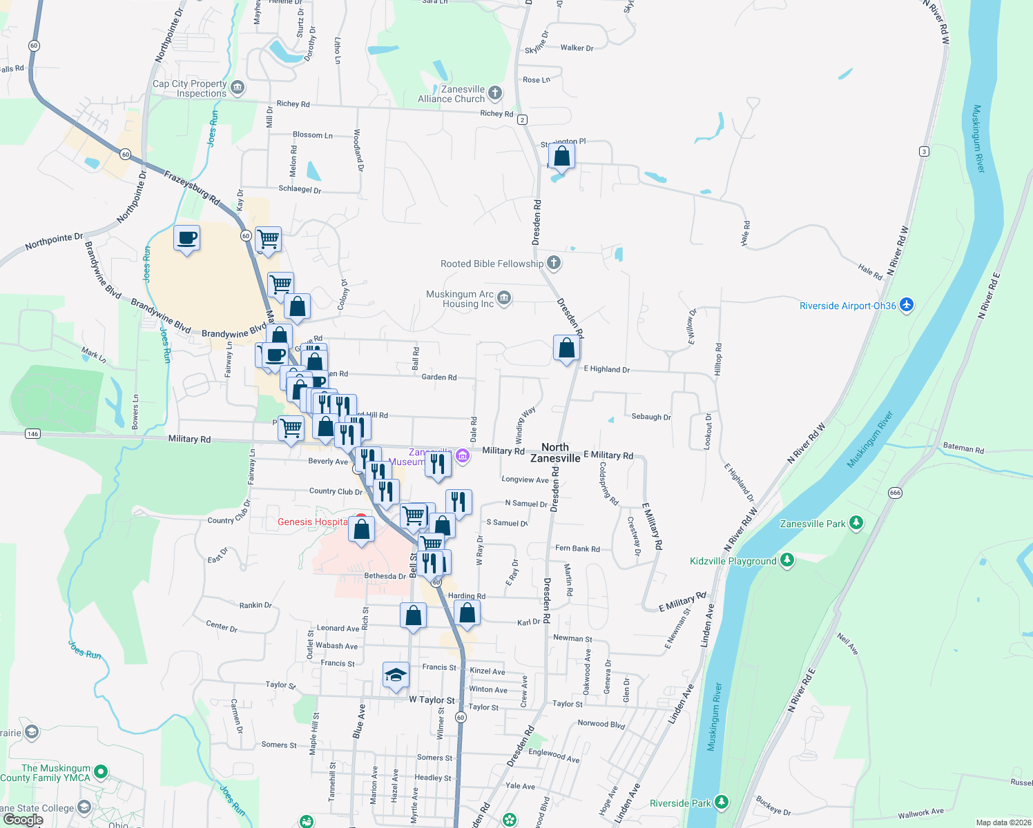 map of restaurants, bars, coffee shops, grocery stores, and more near 3085 Winding Way in Zanesville