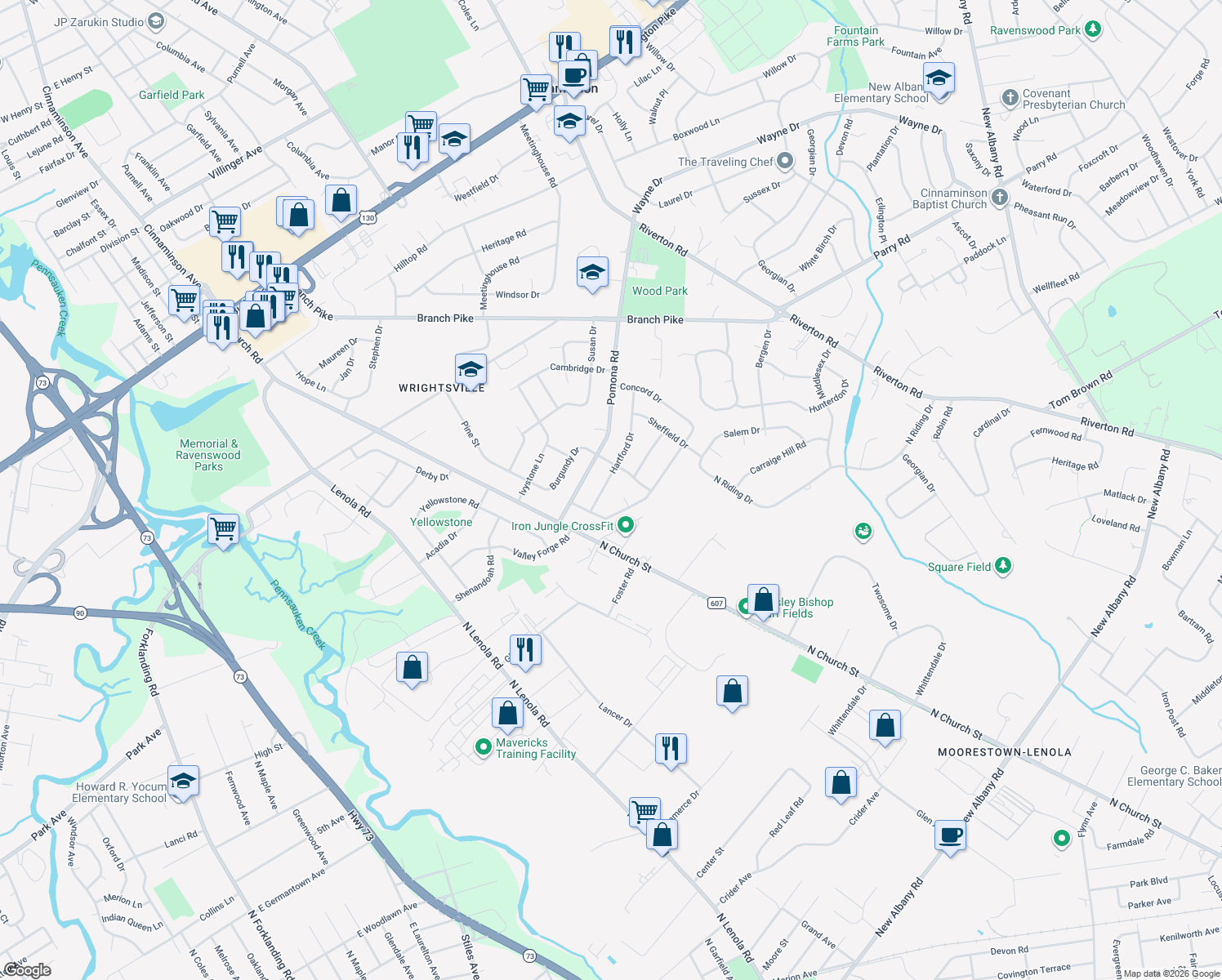 map of restaurants, bars, coffee shops, grocery stores, and more near 416 Hartford Drive in Cinnaminson