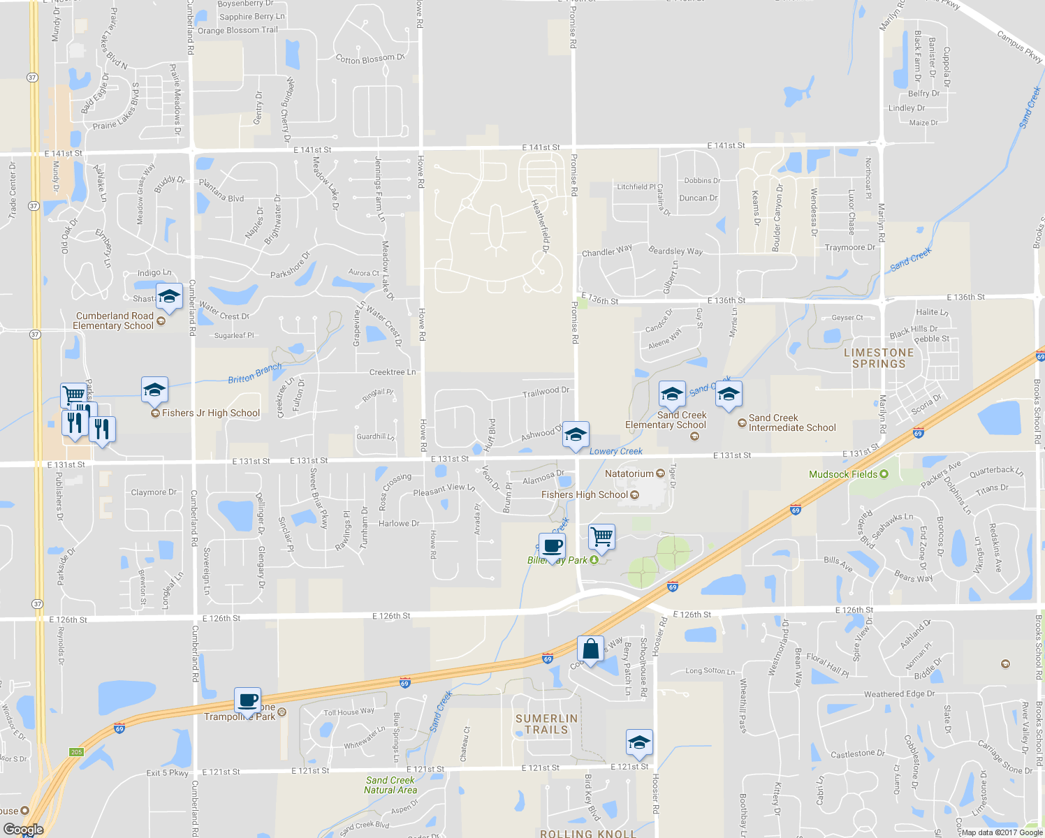 map of restaurants, bars, coffee shops, grocery stores, and more near 13252 Middlewood Lane in Fishers