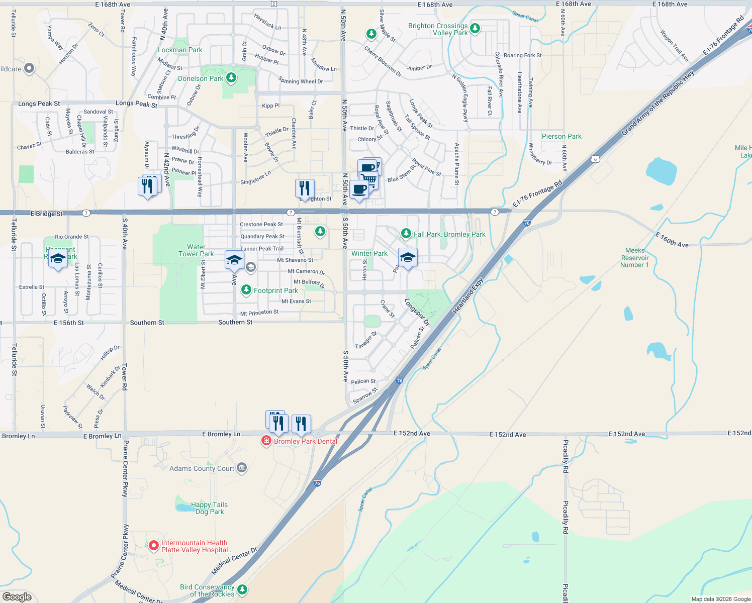 map of restaurants, bars, coffee shops, grocery stores, and more near 5163 Grey Swallow St in Brighton