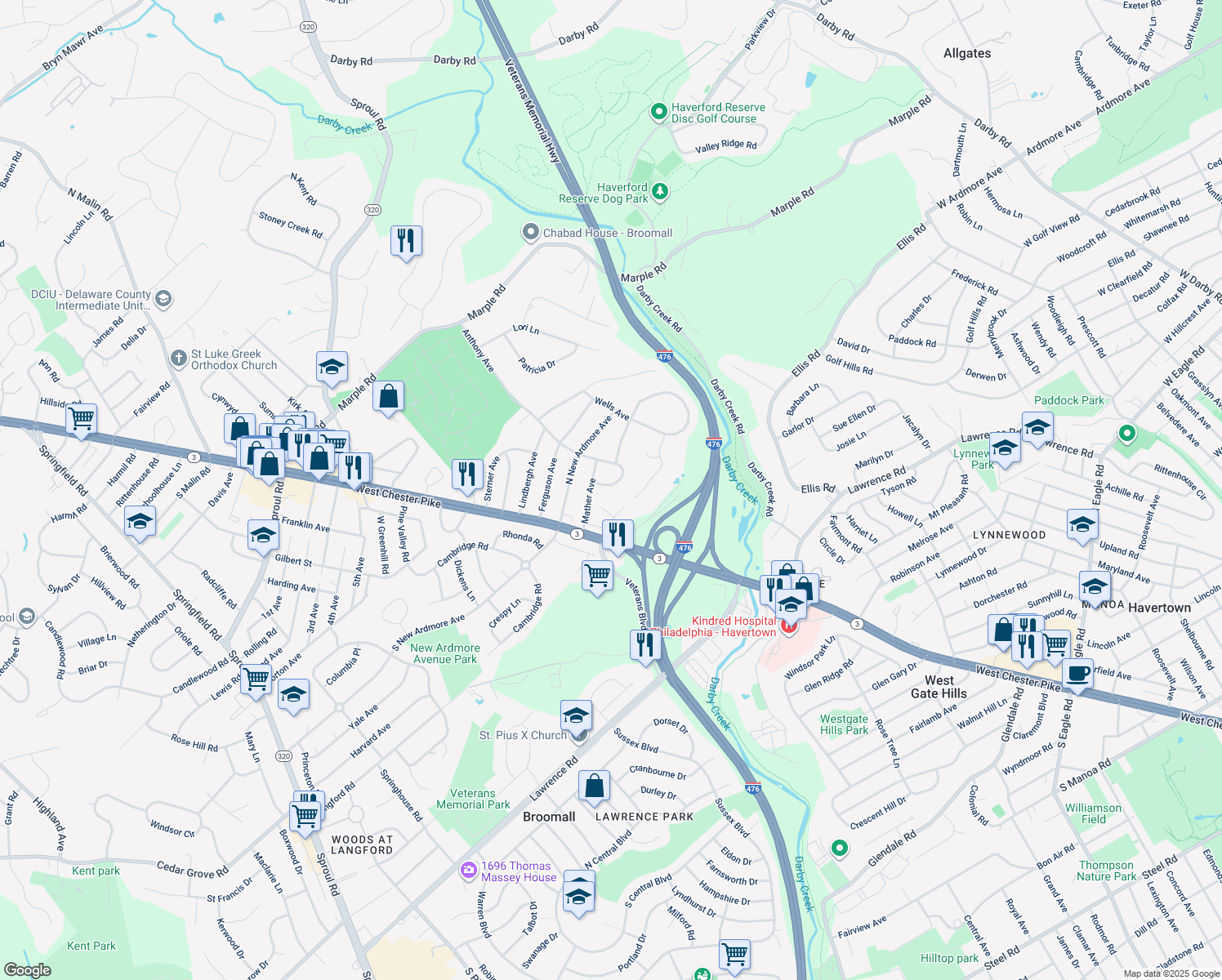 map of restaurants, bars, coffee shops, grocery stores, and more near 2176 Thomas Avenue in Broomall