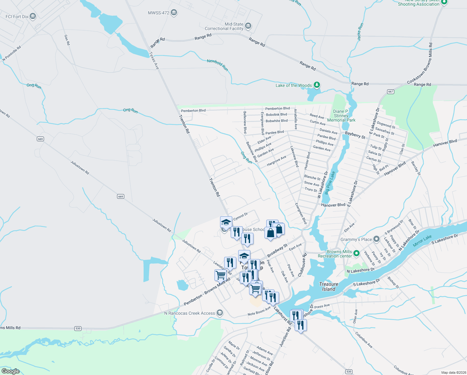 map of restaurants, bars, coffee shops, grocery stores, and more near 20 Trainor Pl in Pemberton Township