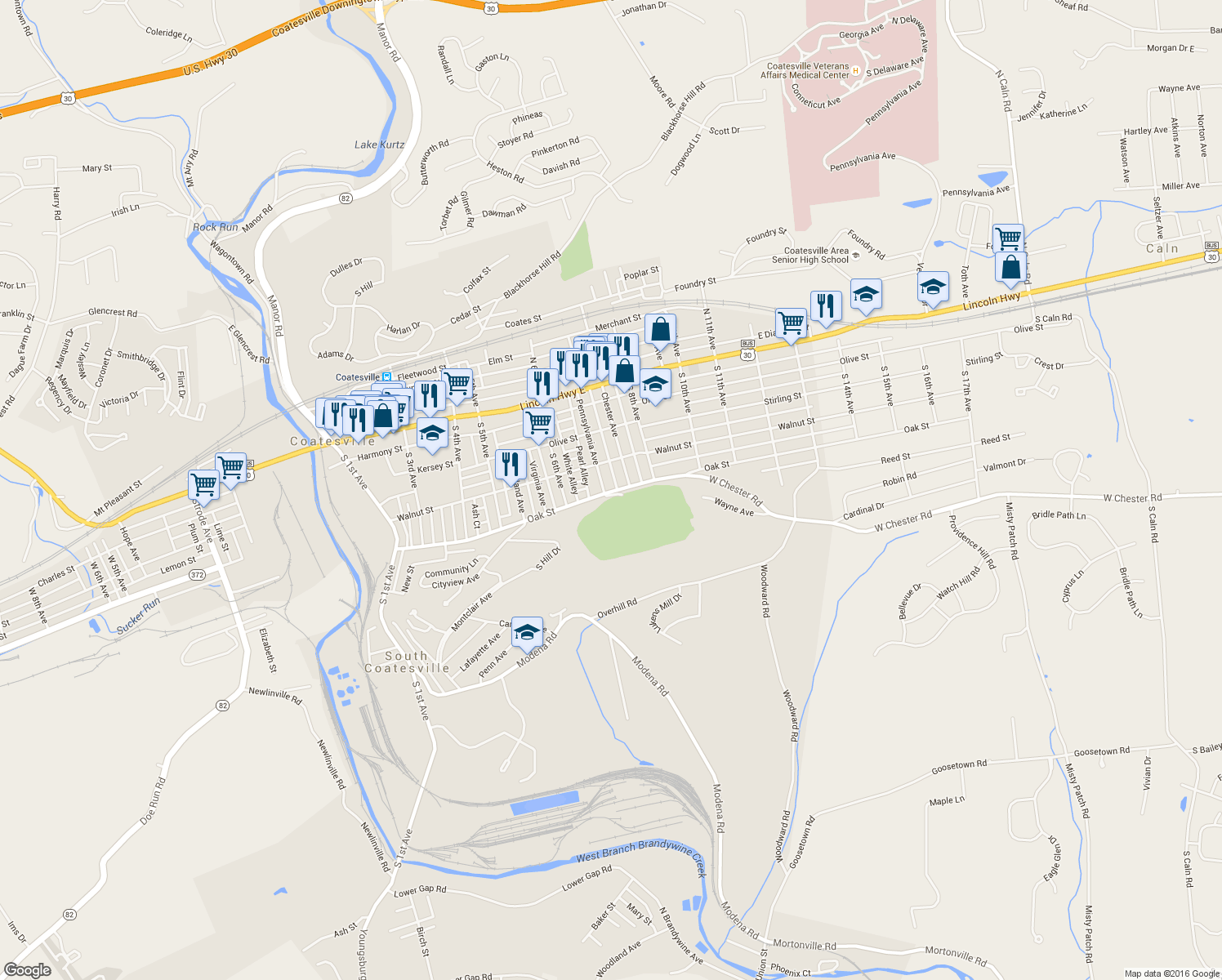 map of restaurants, bars, coffee shops, grocery stores, and more near 145 Pennsylvania Avenue in Coatesville